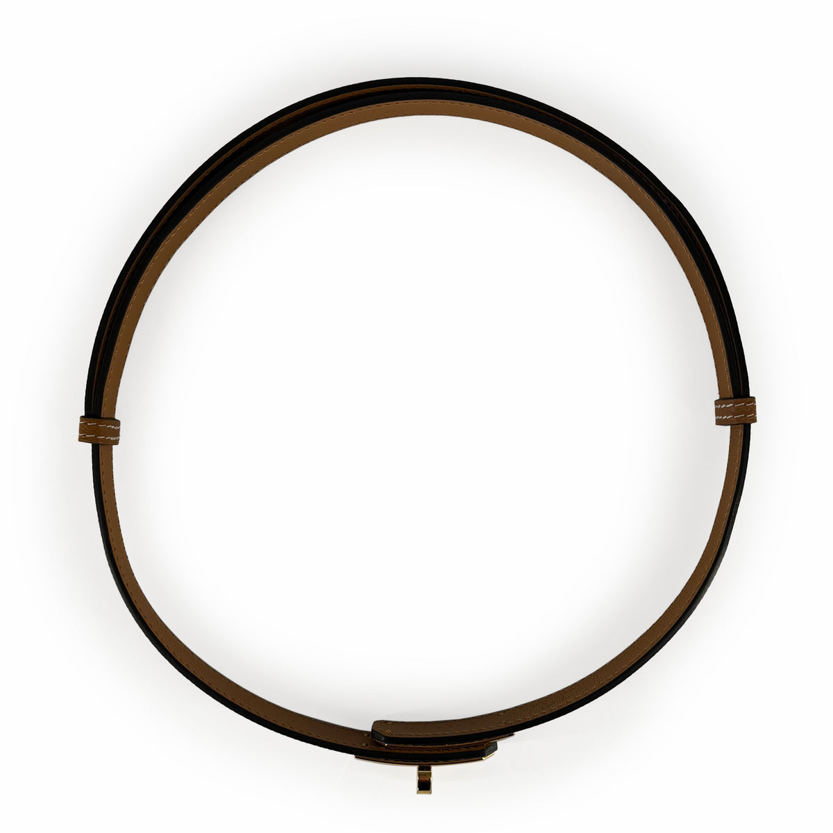 Brown leather circular belt with gold-tone buckle, curated Pre-loved Luxury by Myluxe in Helsinki.