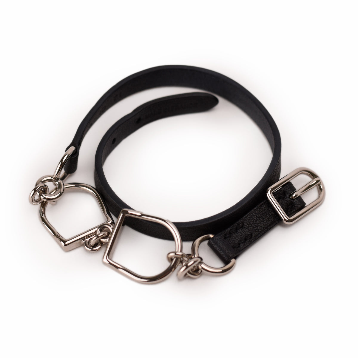 Black leather belt with silver-tone metal hardware and decorative links. curated Pre-loved Luxury by Myluxe in Helsinki.