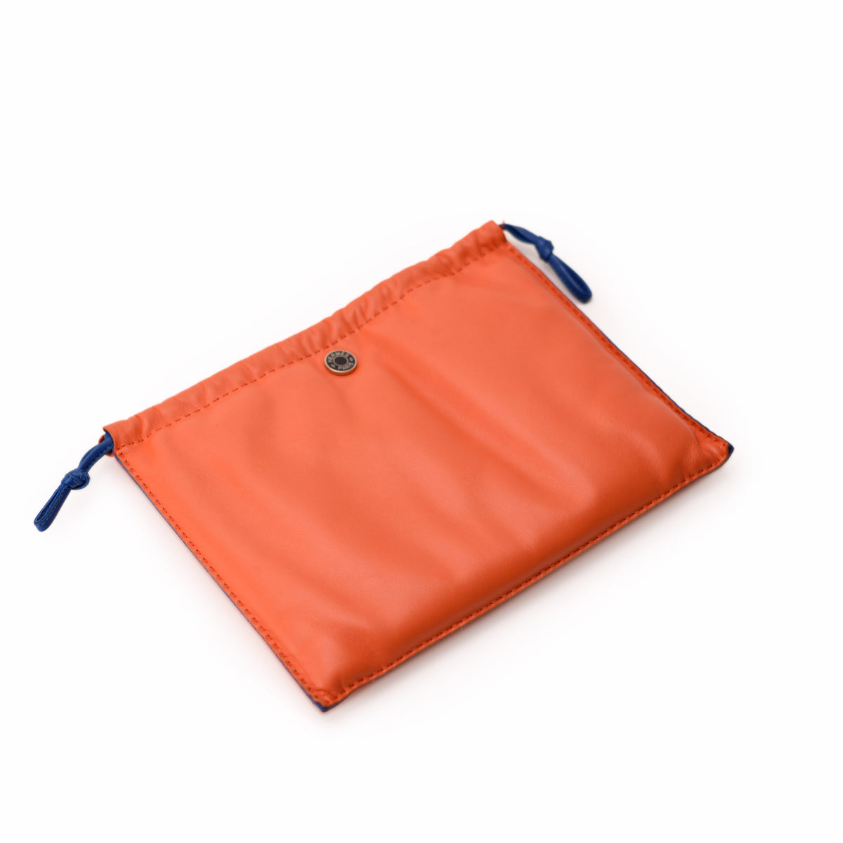 Orange leather drawstring pouch with blue cord details. curated Pre-loved Luxury by Myluxe in Helsinki.