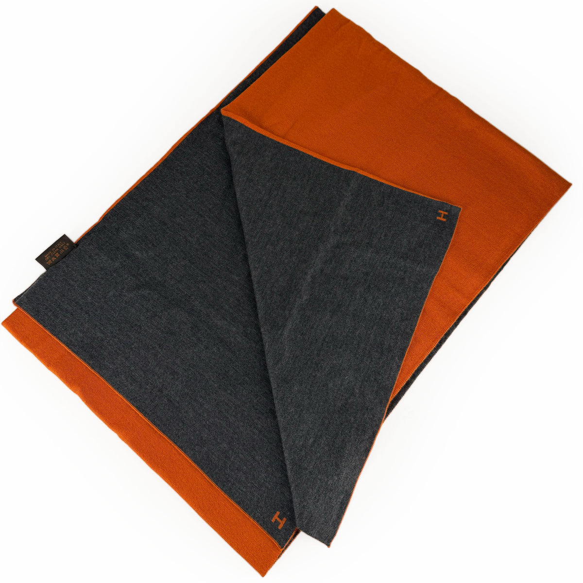 Hermès orange and charcoal grey wool scarf, curated Pre-loved Luxury by Myluxe in Helsinki.