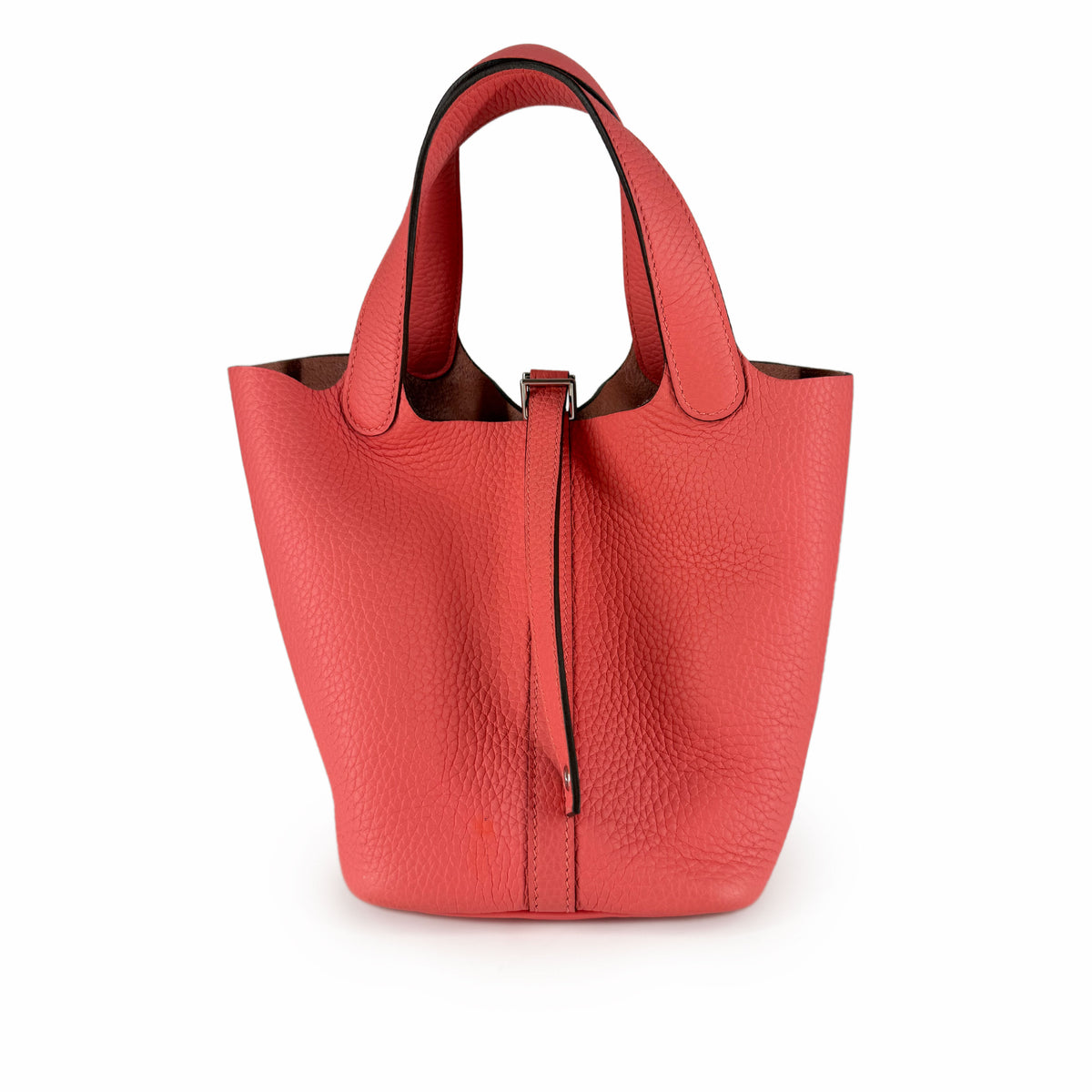 Red pebbled leather tote bag with top handles, curated Pre-loved Luxury by Myluxe in Helsinki.