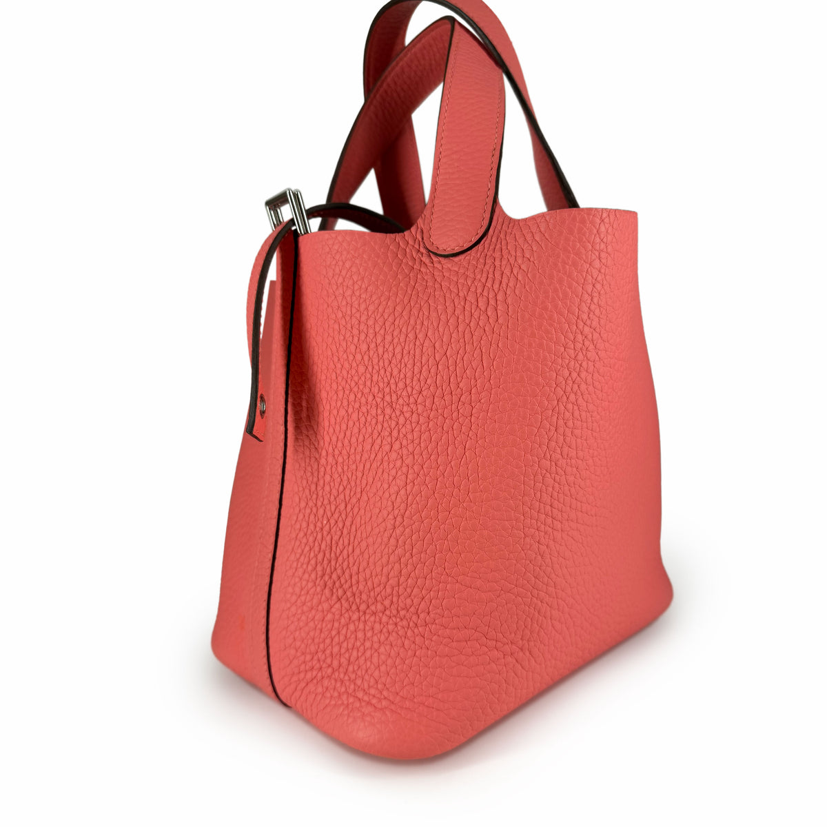 Coral pink pebbled leather tote bag with top handles, curated Pre-loved Luxury by Myluxe in Helsinki.