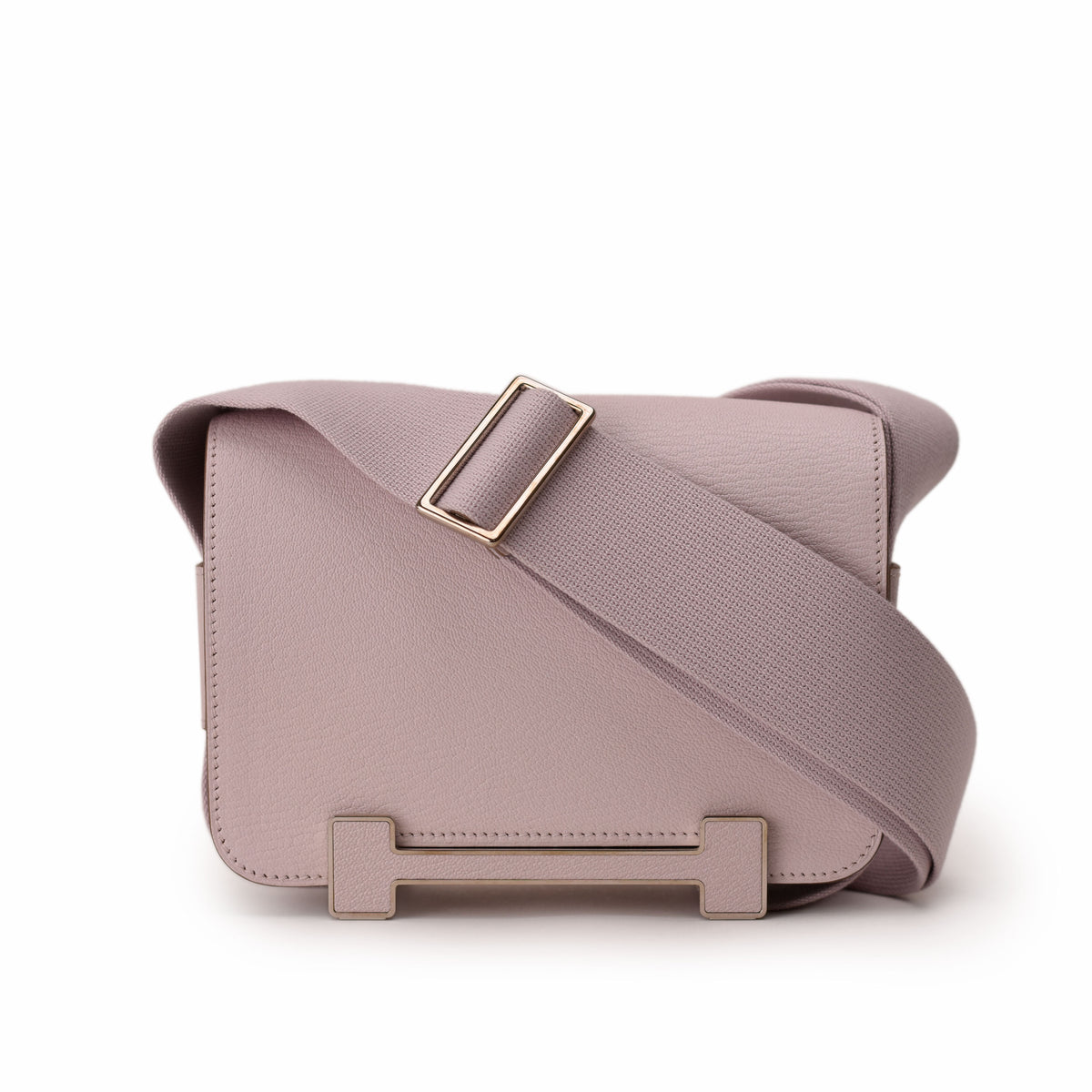 Mauve leather crossbody bag with wide fabric strap. curated Pre-loved Luxury by Myluxe in Helsinki.