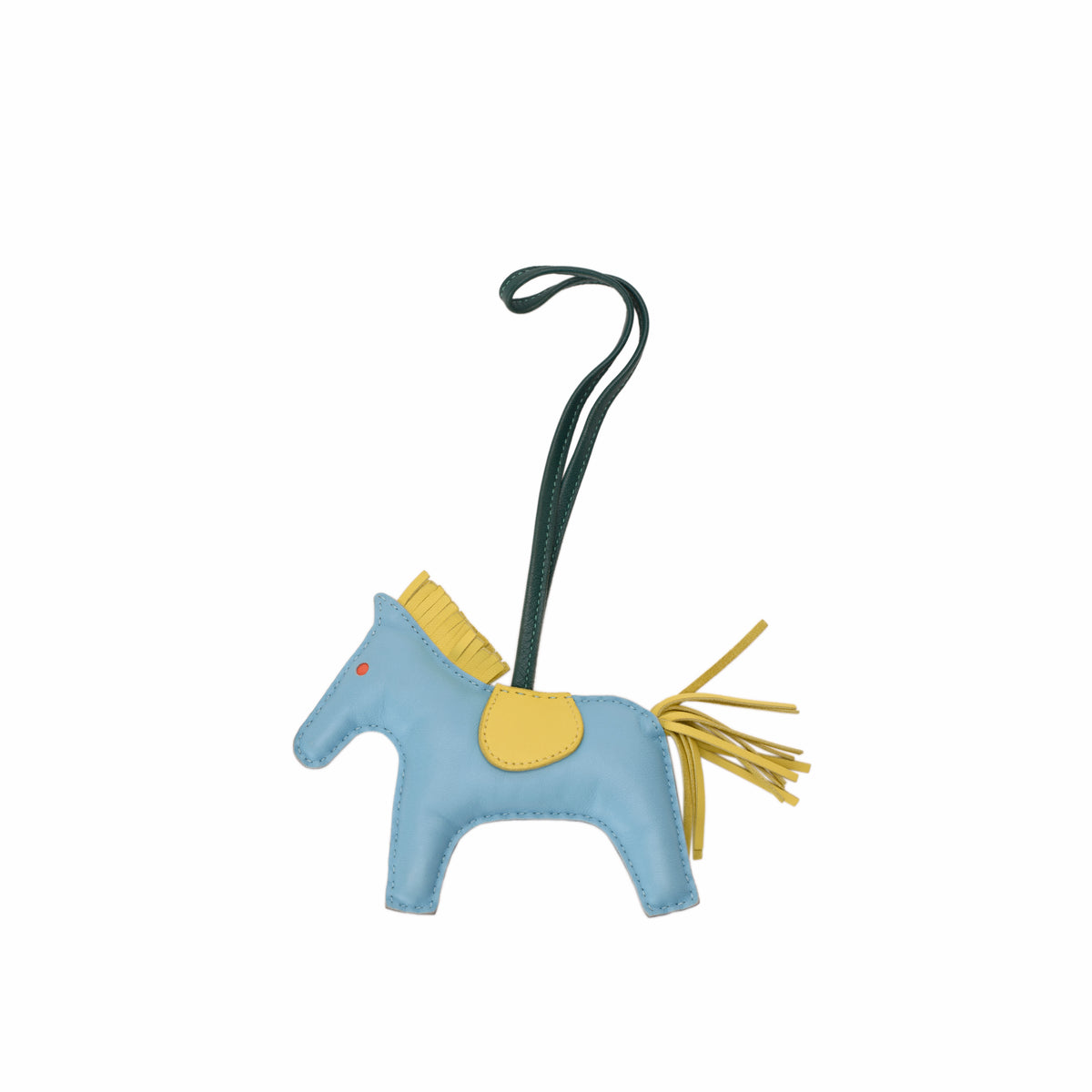 Light blue leather horse keychain with yellow accents and tassel. curated Pre-loved Luxury by Myluxe in Helsinki.