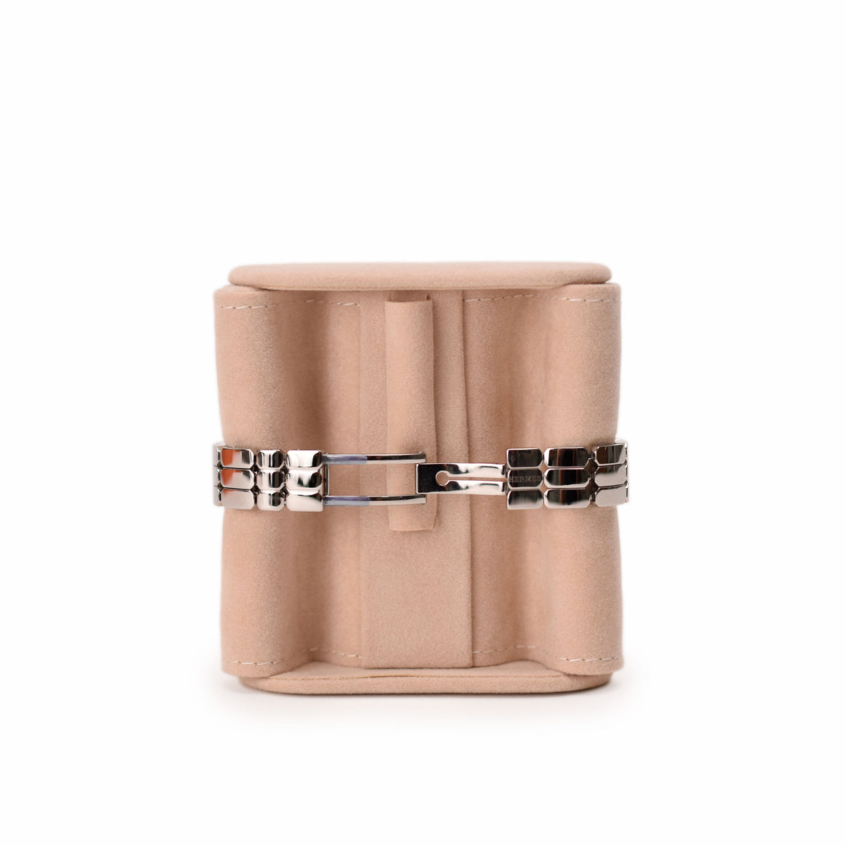 Silver metal link bracelet on a beige suede jewelry box. curated Pre-loved Luxury by Myluxe in Helsinki.