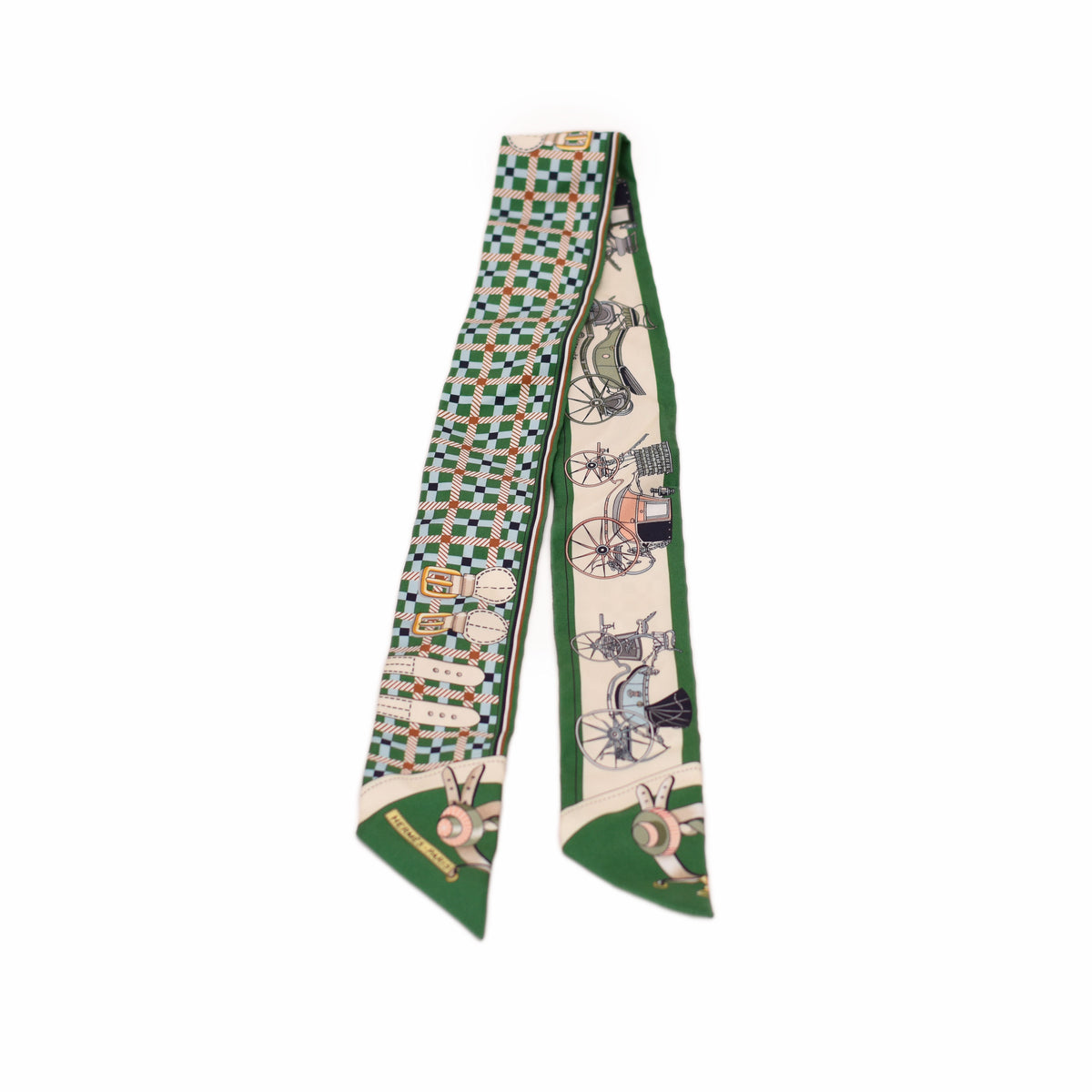 Hermès silk scarf with green checkered pattern and vintage carriage illustrations. curated Pre-loved Luxury by Myluxe in Helsinki.