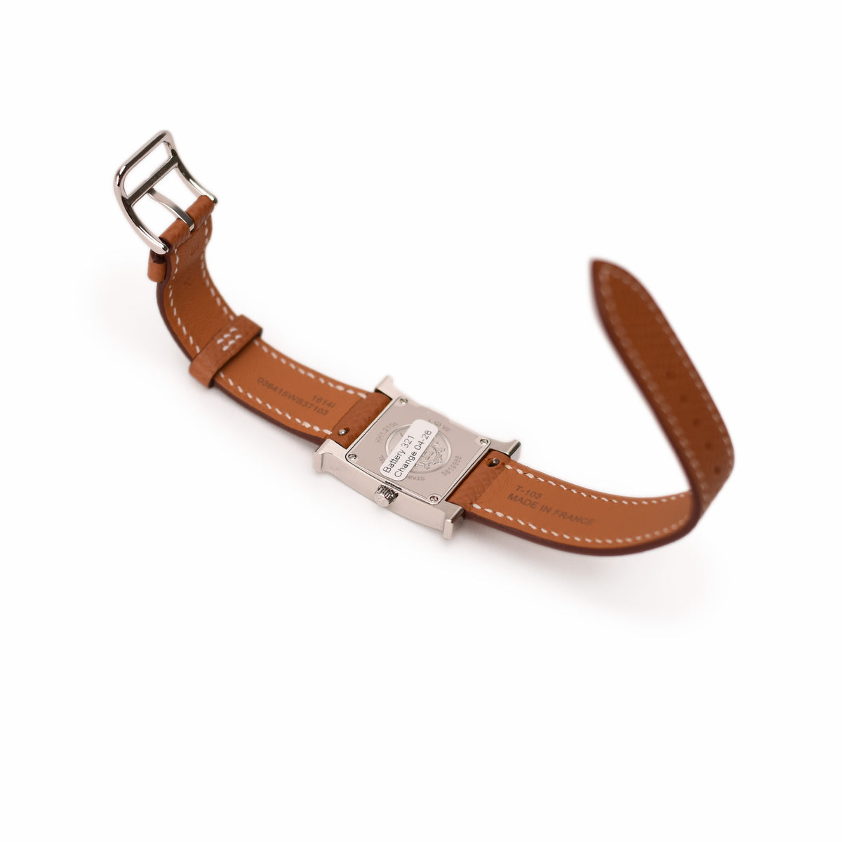 Brown leather watch strap with silver metal buckle and casing, curated Pre-loved Luxury by Myluxe in Helsinki.