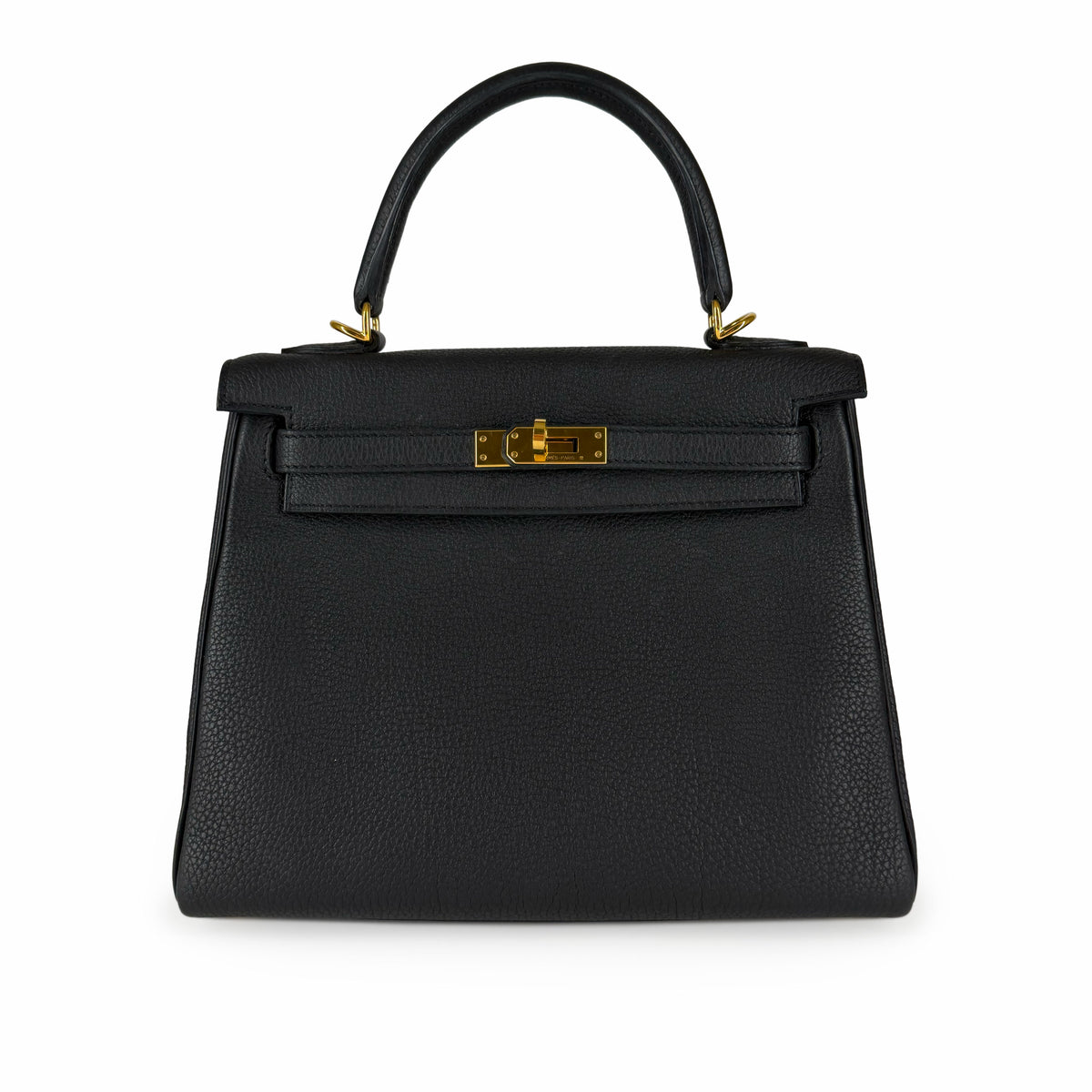 Black grained leather top handle handbag with gold-tone hardware, curated Pre-loved Luxury by Myluxe in Helsinki.