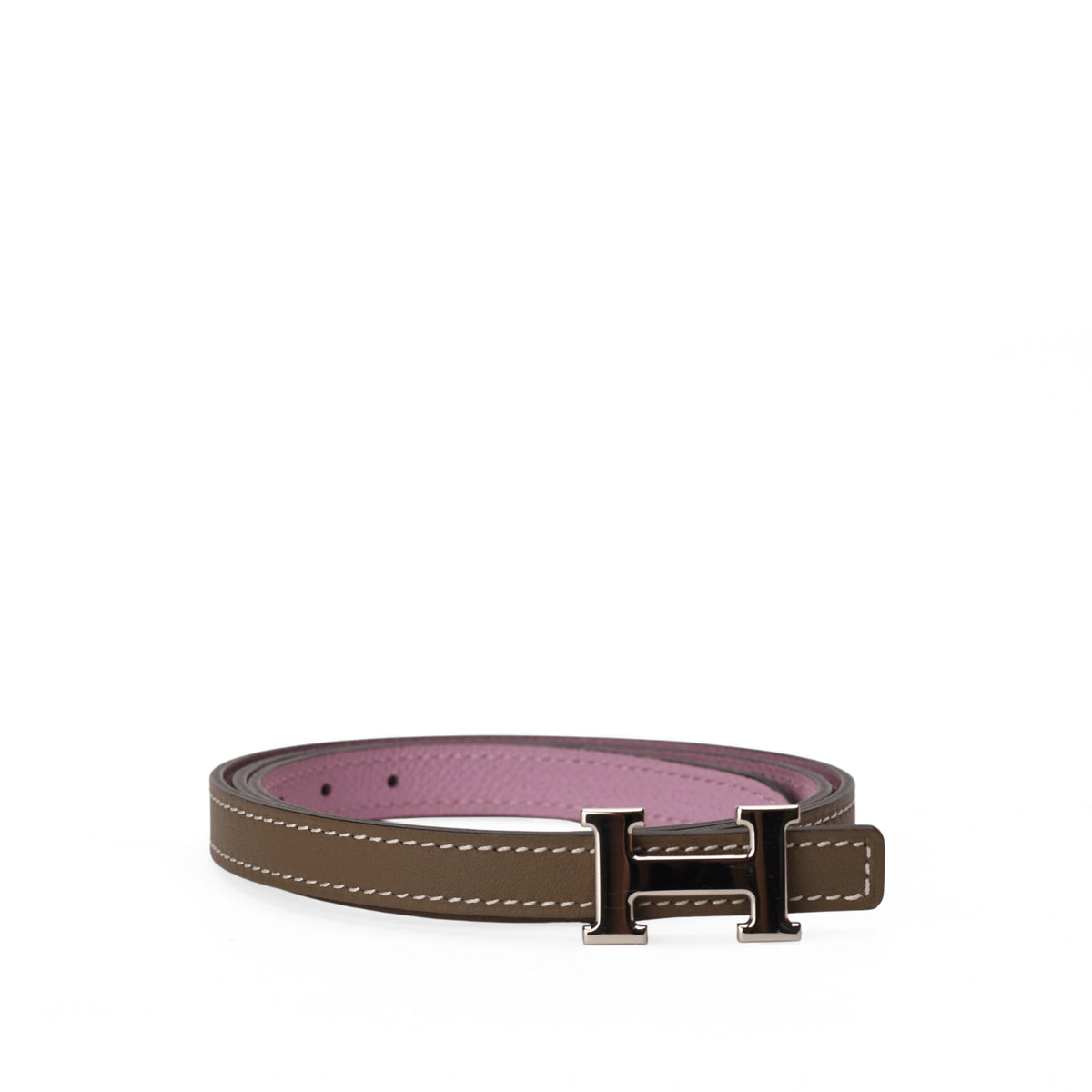 Hermès H Belt 13 reversible in Etoupe and Mauve Swift leather with PHW hardware. curated Pre-loved Luxury by Myluxe in Helsinki.