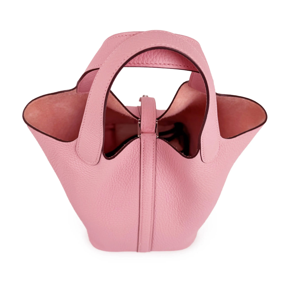 Pink pebbled leather tote handbag with dual top handles, curated Pre-loved Luxury by Myluxe in Helsinki.