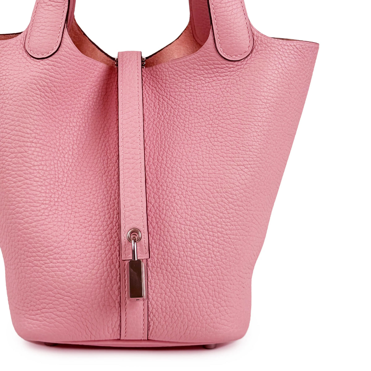 Pink pebbled leather bucket bag with silver hardware, curated Pre-loved Luxury by Myluxe in Helsinki.
