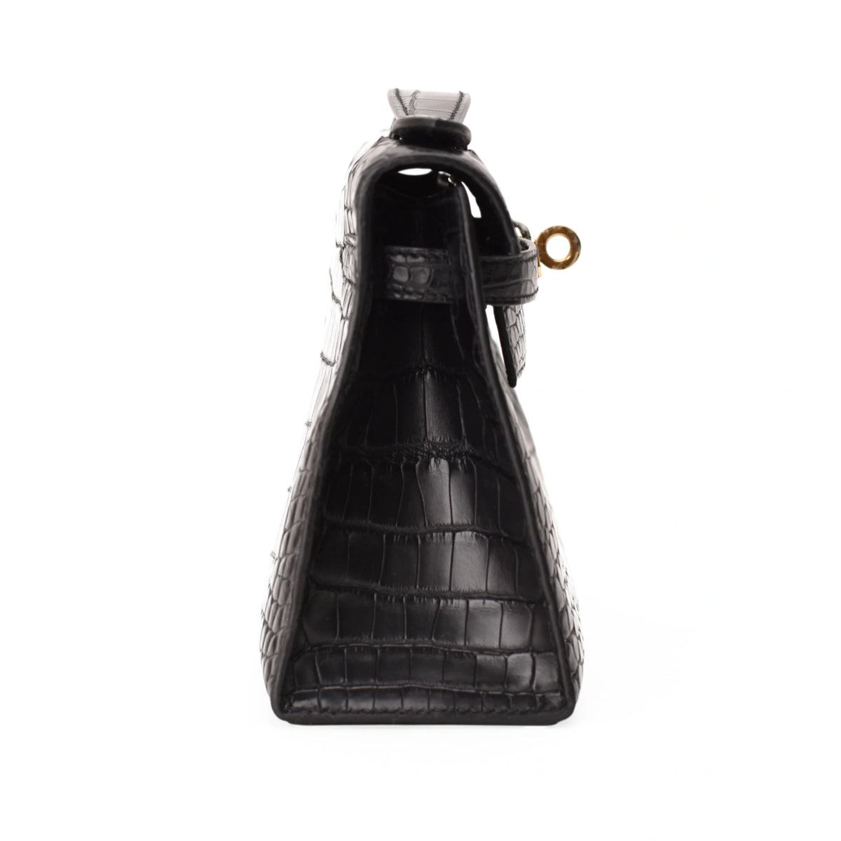 Hermès Kelly Pochette in black matte alligator with gold hardware. curated Pre-loved Luxury by Myluxe in Helsinki.
