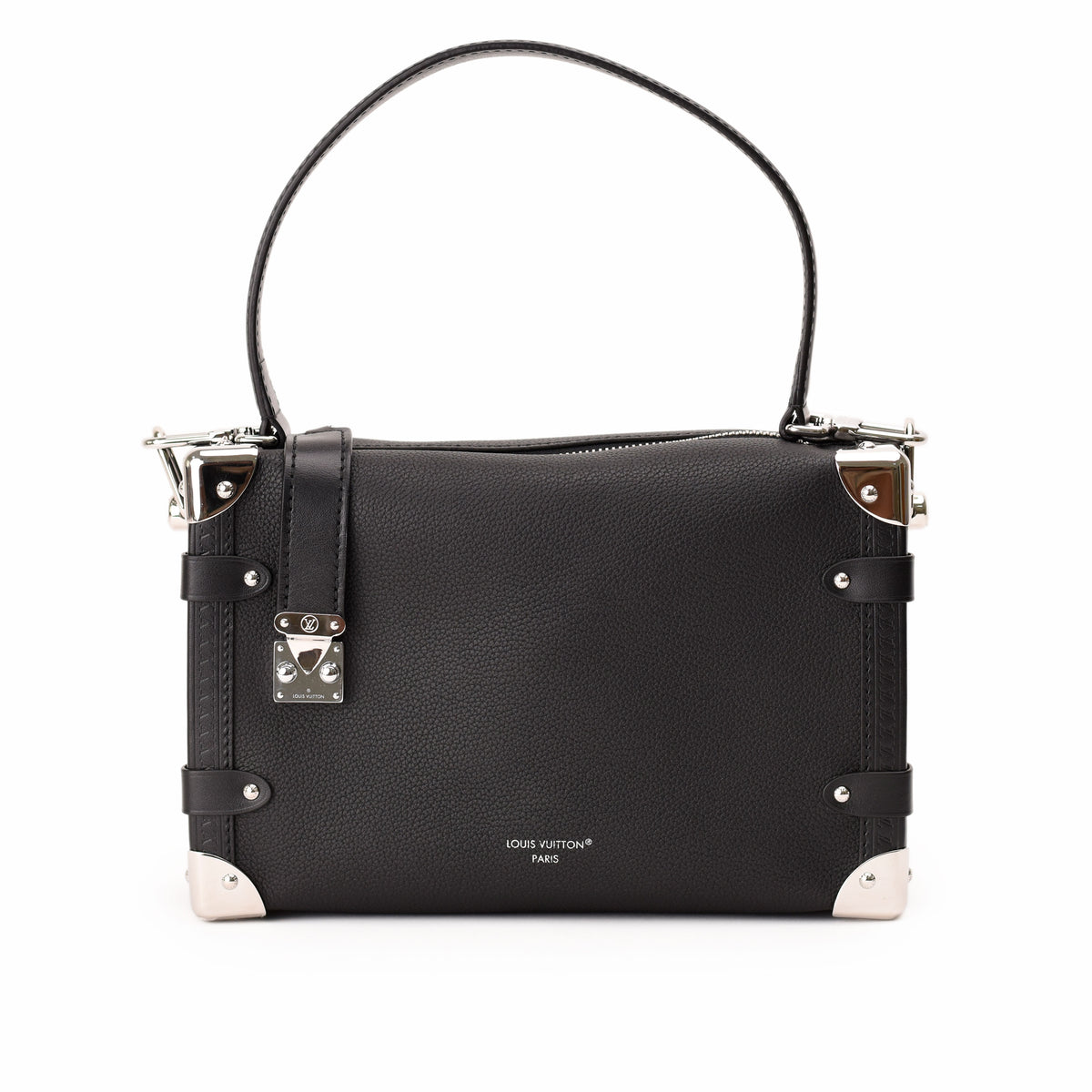 Black grained leather Louis Vuitton handbag with silver hardware. curated Pre-loved Luxury by Myluxe in Helsinki.