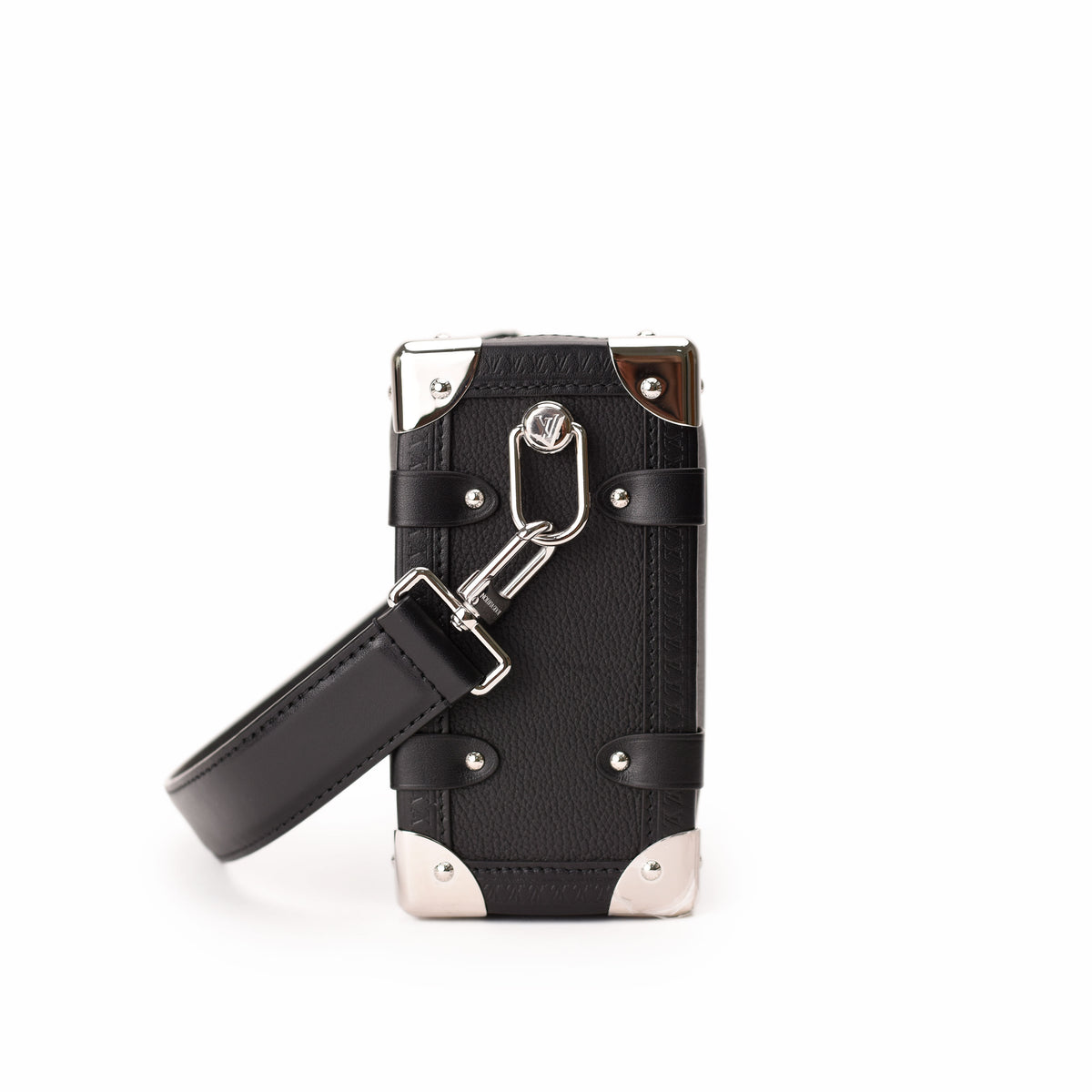 Louis Vuitton black leather trunk crossbody bag with silver hardware. curated Pre-loved Luxury by Myluxe in Helsinki.
