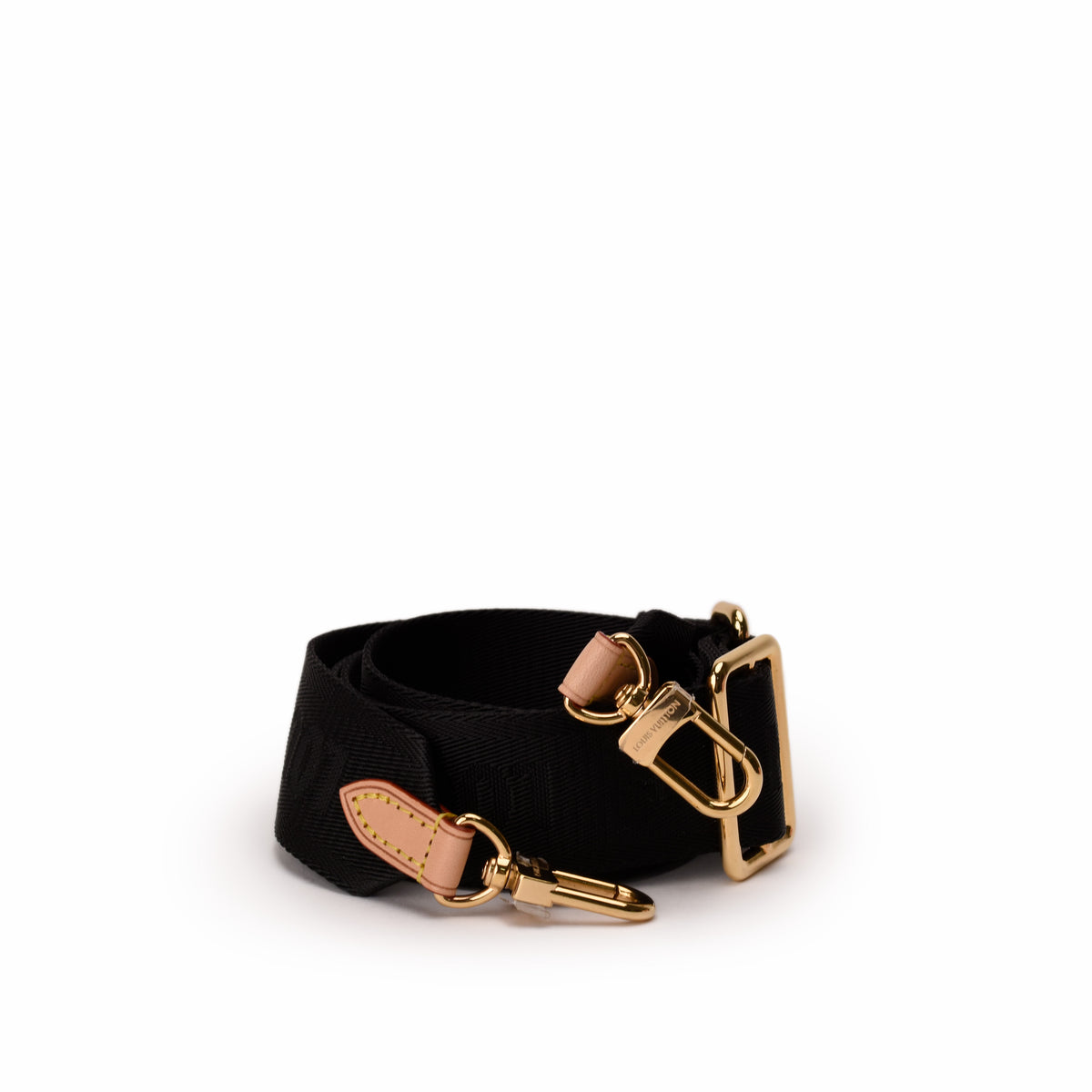 Black canvas Louis Vuitton belt with gold-tone hardware and tan leather accents. curated Pre-loved Luxury by Myluxe in Helsinki.