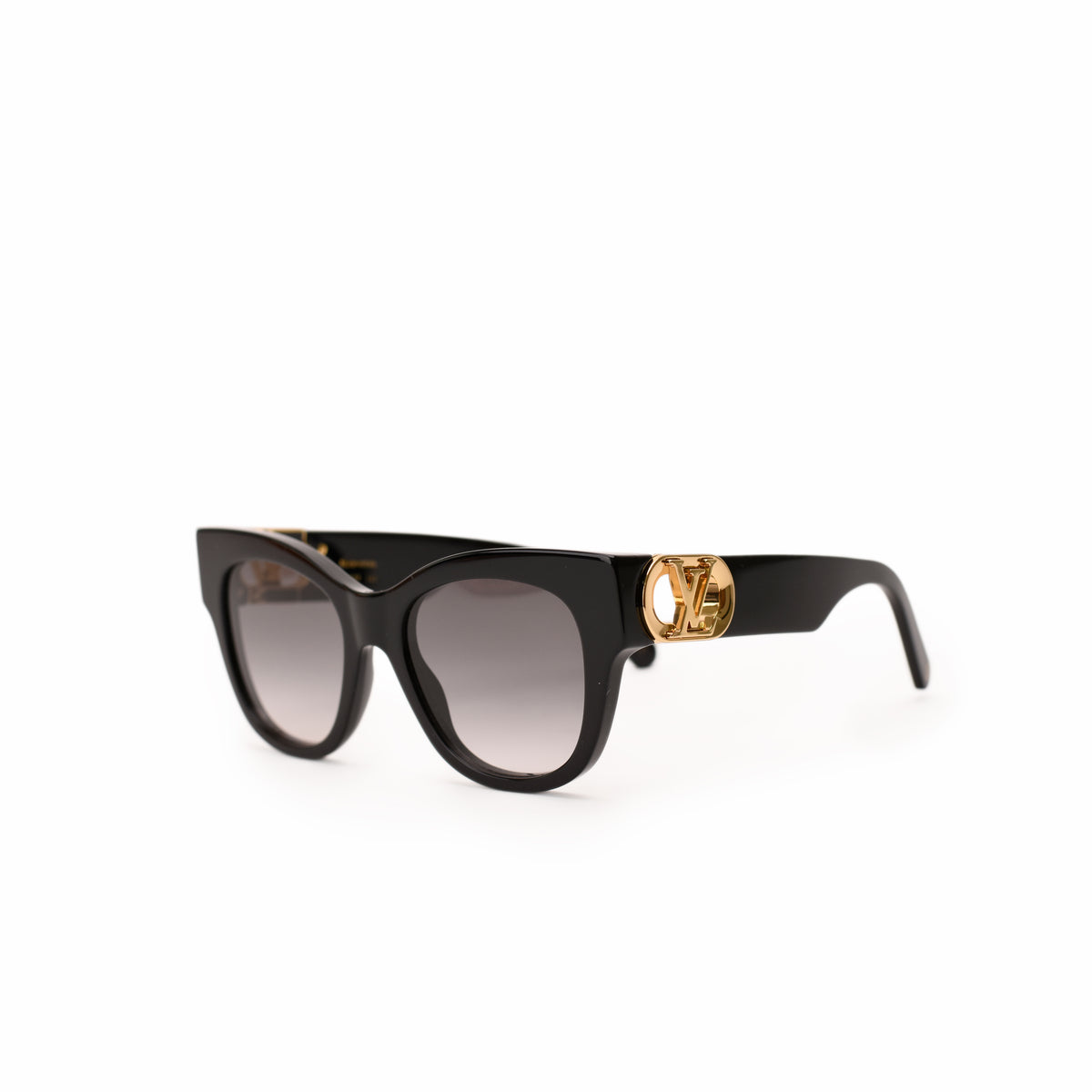 Black oversized designer sunglasses with gold LV logo detail, curated Pre-loved Luxury by Myluxe in Helsinki.