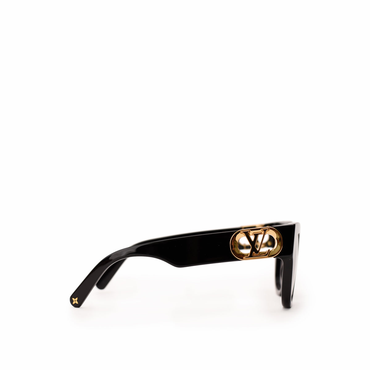 Black Louis Vuitton sunglasses with gold-tone LV logo detail, curated Pre-loved Luxury by Myluxe in Helsinki.