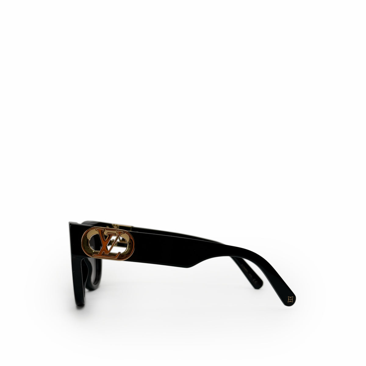 Black Louis Vuitton sunglasses with gold-tone LV logo hardware, curated Pre-loved Luxury by Myluxe in Helsinki.