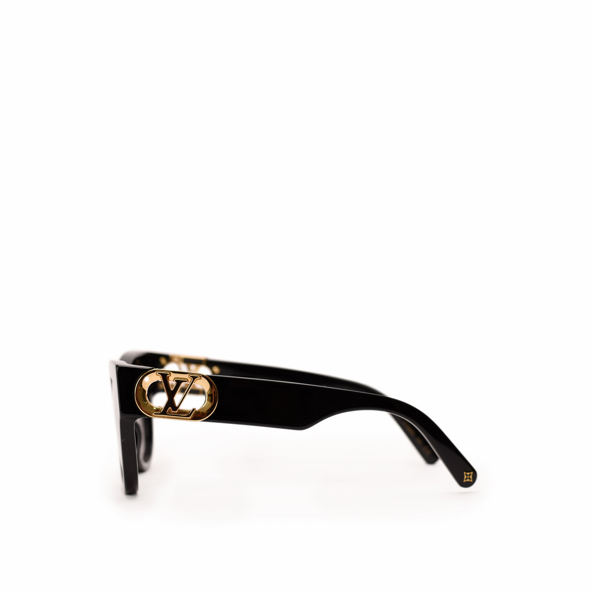 Black designer sunglasses with gold LV logo detail, curated Pre-loved Luxury by Myluxe in Helsinki.