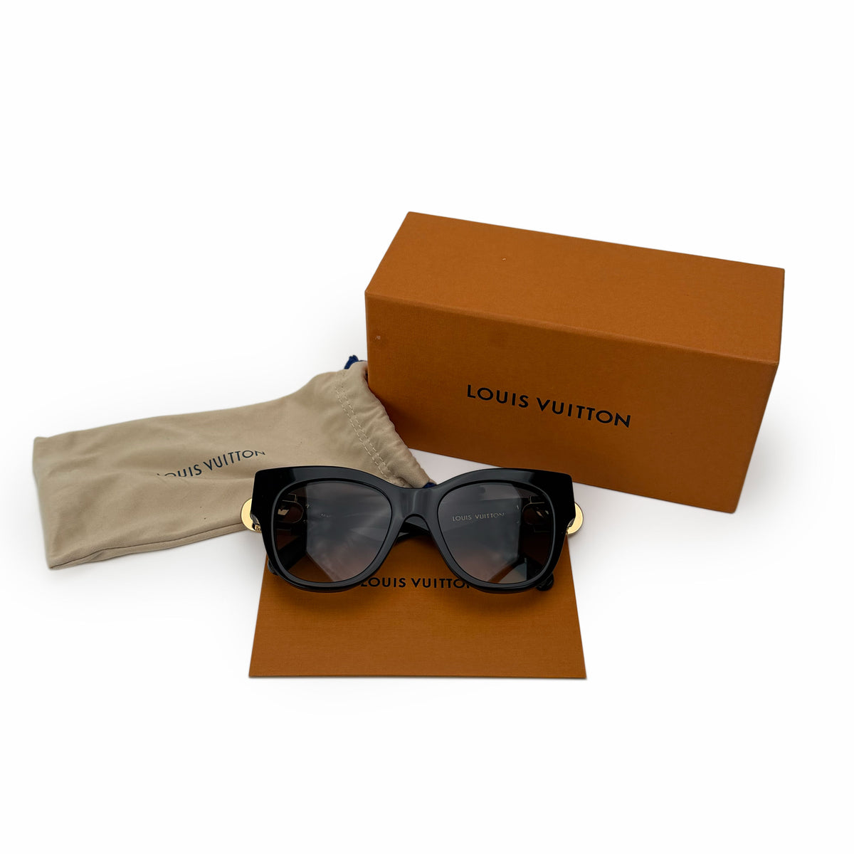 Black Louis Vuitton square sunglasses with gold accents, curated Pre-loved Luxury by Myluxe in Helsinki.