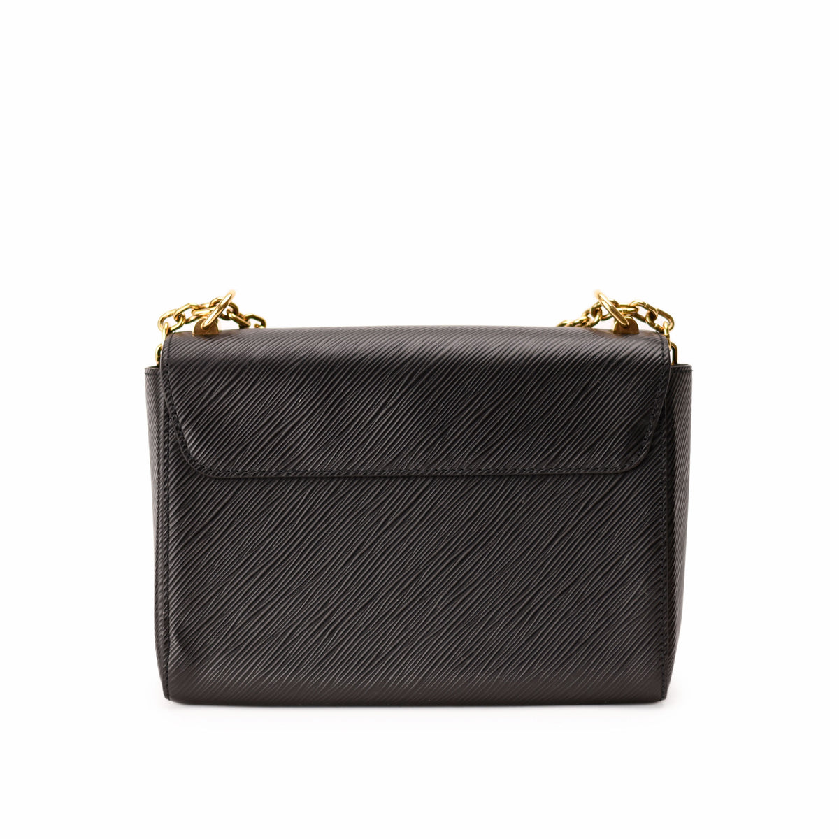 Black textured leather Chanel flap bag with gold-tone chain strap. curated Pre-loved Luxury by Myluxe in Helsinki.