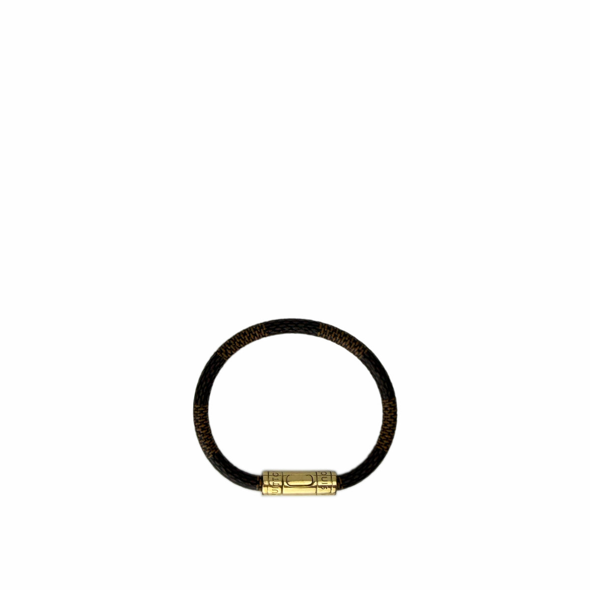 Brown braided leather bracelet with a gold-tone cylindrical clasp, curated Pre-loved Luxury by Myluxe in Helsinki.