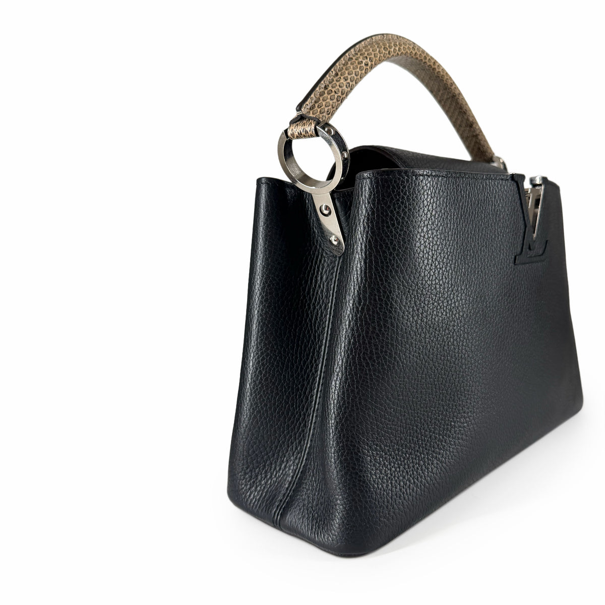 Black pebbled leather handbag with a textured tan snakeskin handle, curated Pre-loved Luxury by Myluxe in Helsinki.