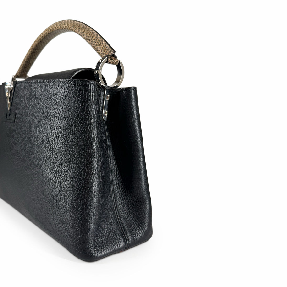 Black pebbled leather handbag with tan snakeskin handle, curated Pre-loved Luxury by Myluxe in Helsinki.