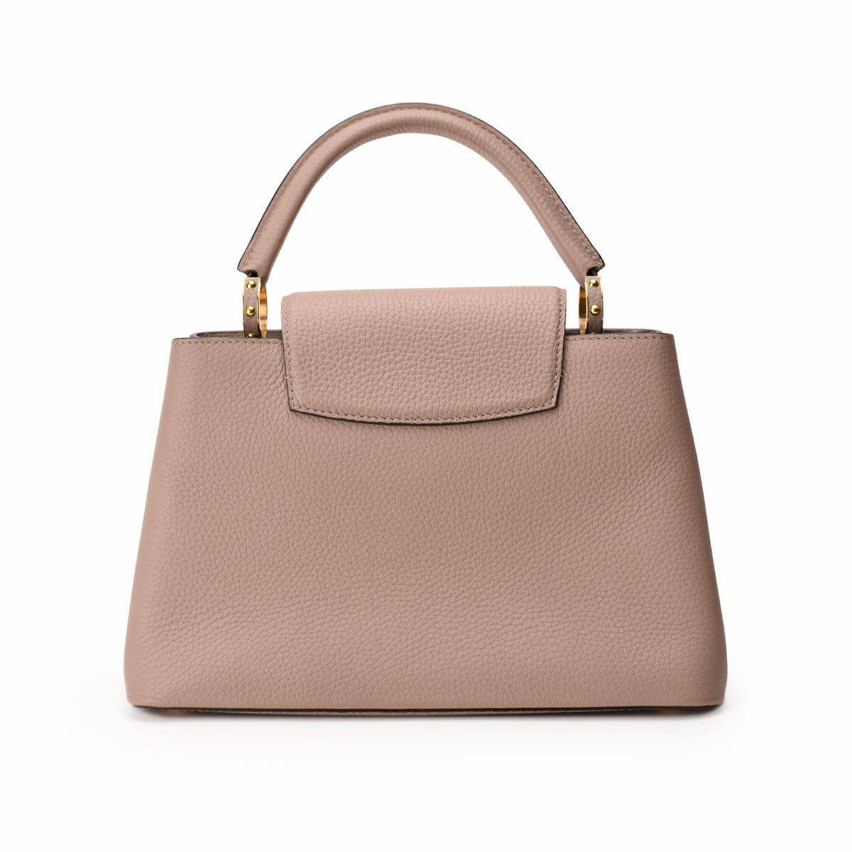 Taupe pebbled leather top handle handbag with gold hardware, curated Pre-loved Luxury by Myluxe in Helsinki.