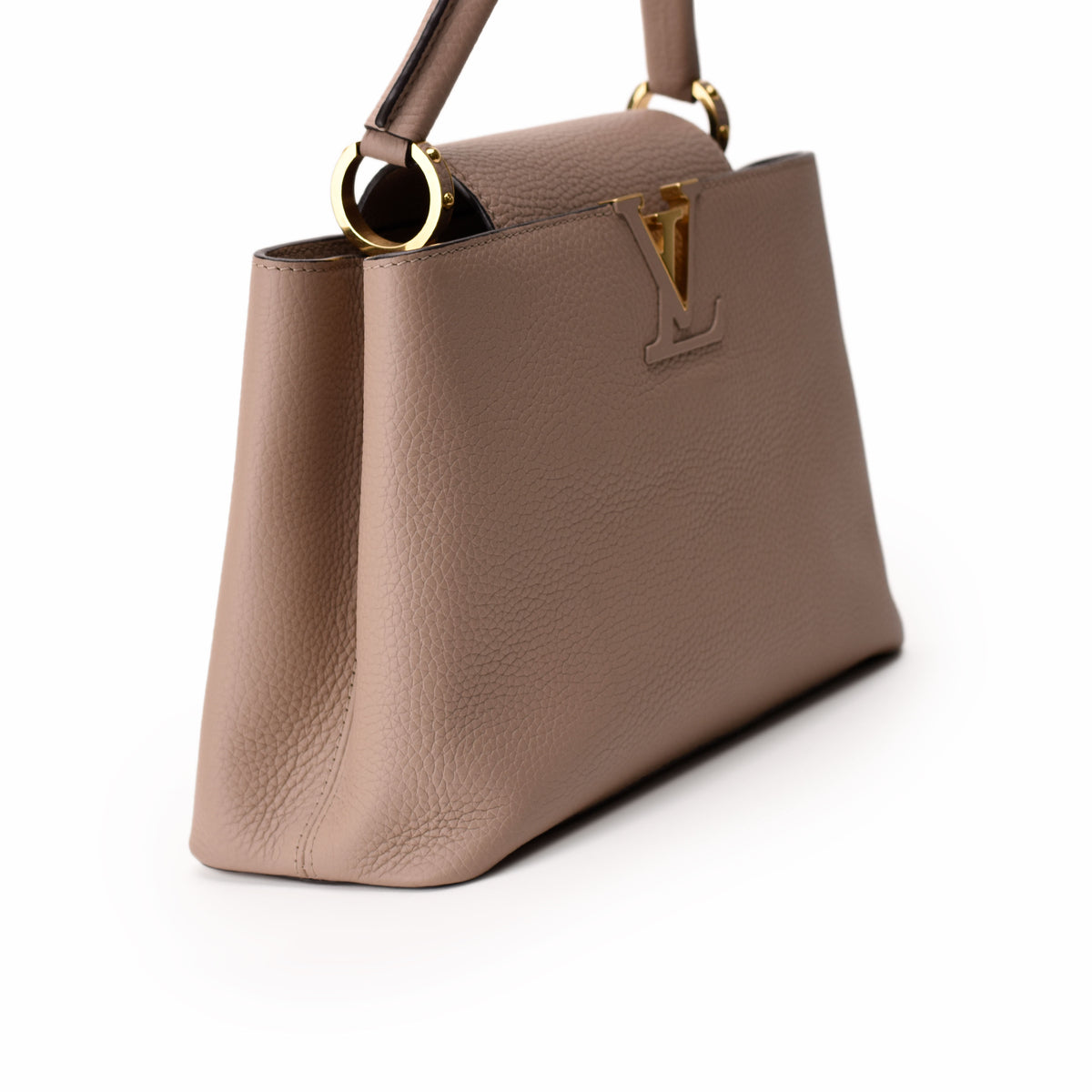Taupe pebbled leather Louis Vuitton handbag with gold-tone LV hardware, curated Pre-loved Luxury by Myluxe in Helsinki.