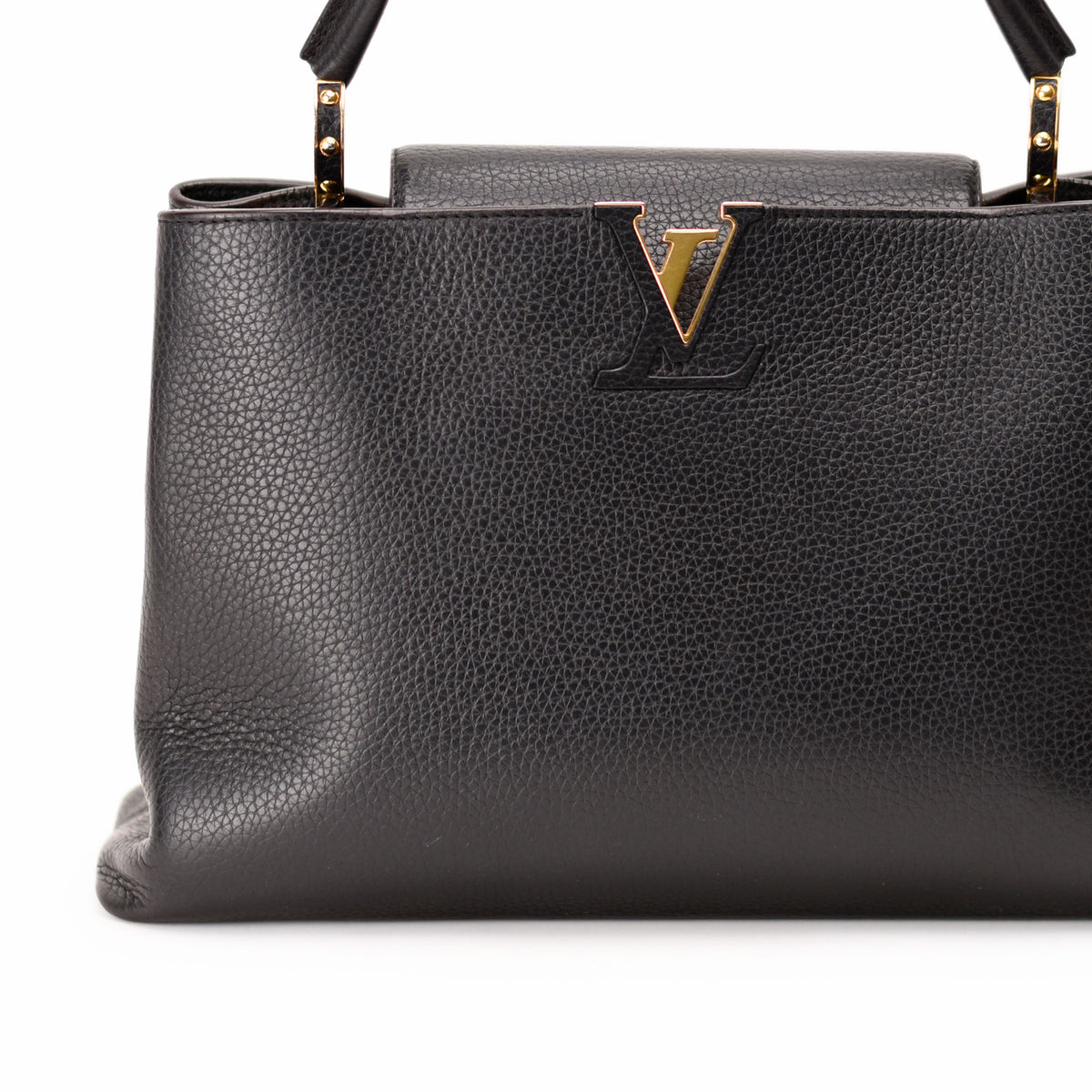 Black grained leather Louis Vuitton handbag with gold LV logo. curated Pre-loved Luxury by Myluxe in Helsinki.