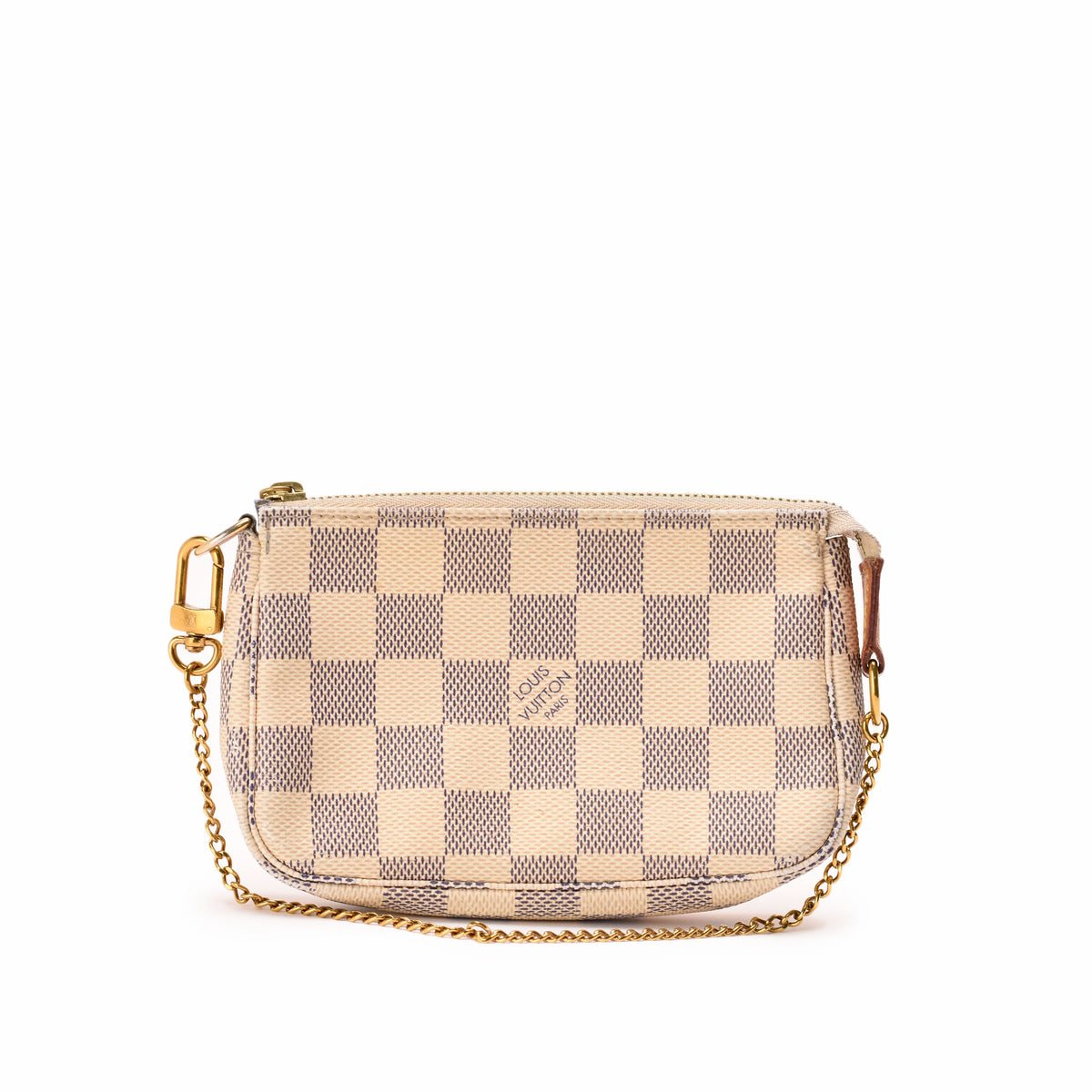 Louis Vuitton Damier Ebene canvas crossbody bag with gold-tone chain strap, curated Pre-loved Luxury by Myluxe in Helsinki.