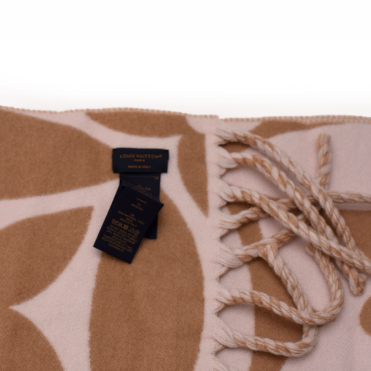 Louis Vuitton tan and cream patterned wool blanket with fringe, curated Pre-loved Luxury by Myluxe in Helsinki.