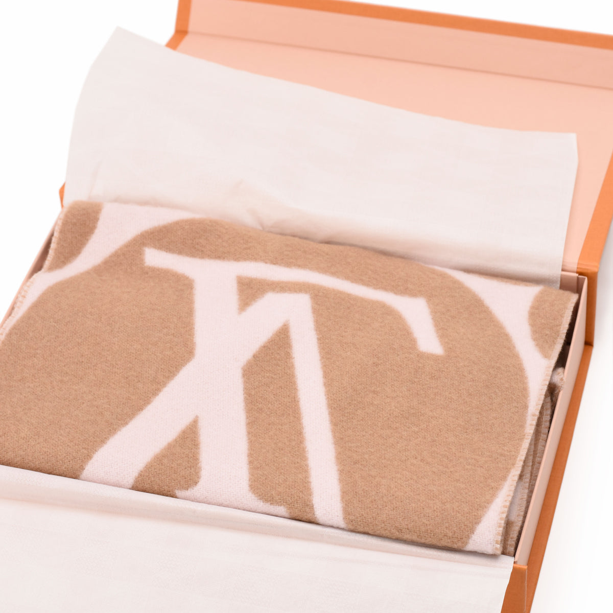 Beige and cream patterned luxury scarf in an orange gift box, curated Pre-loved Luxury by Myluxe in Helsinki.
