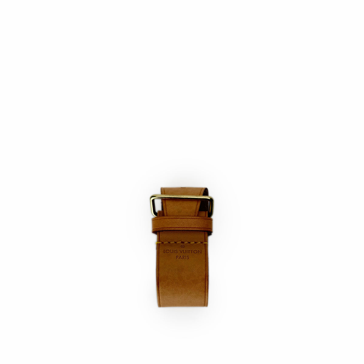 Tan leather Louis Vuitton belt with gold-tone buckle, curated Pre-loved Luxury by Myluxe in Helsinki.