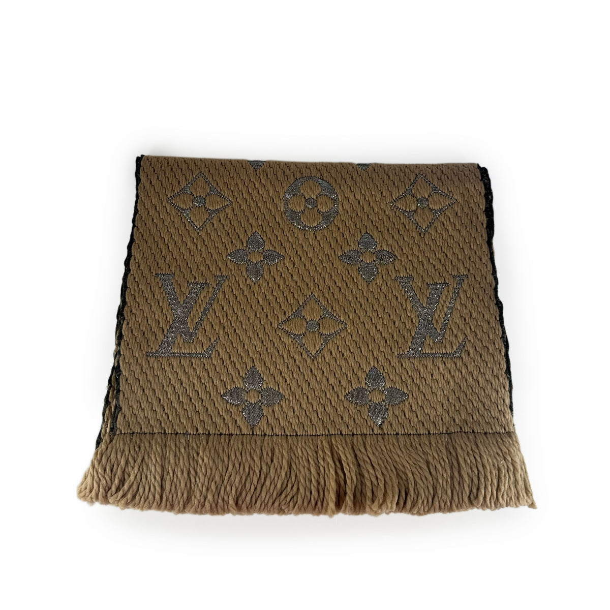 Brown Louis Vuitton monogram pattern knit scarf with fringe, curated Pre-loved Luxury by Myluxe in Helsinki.