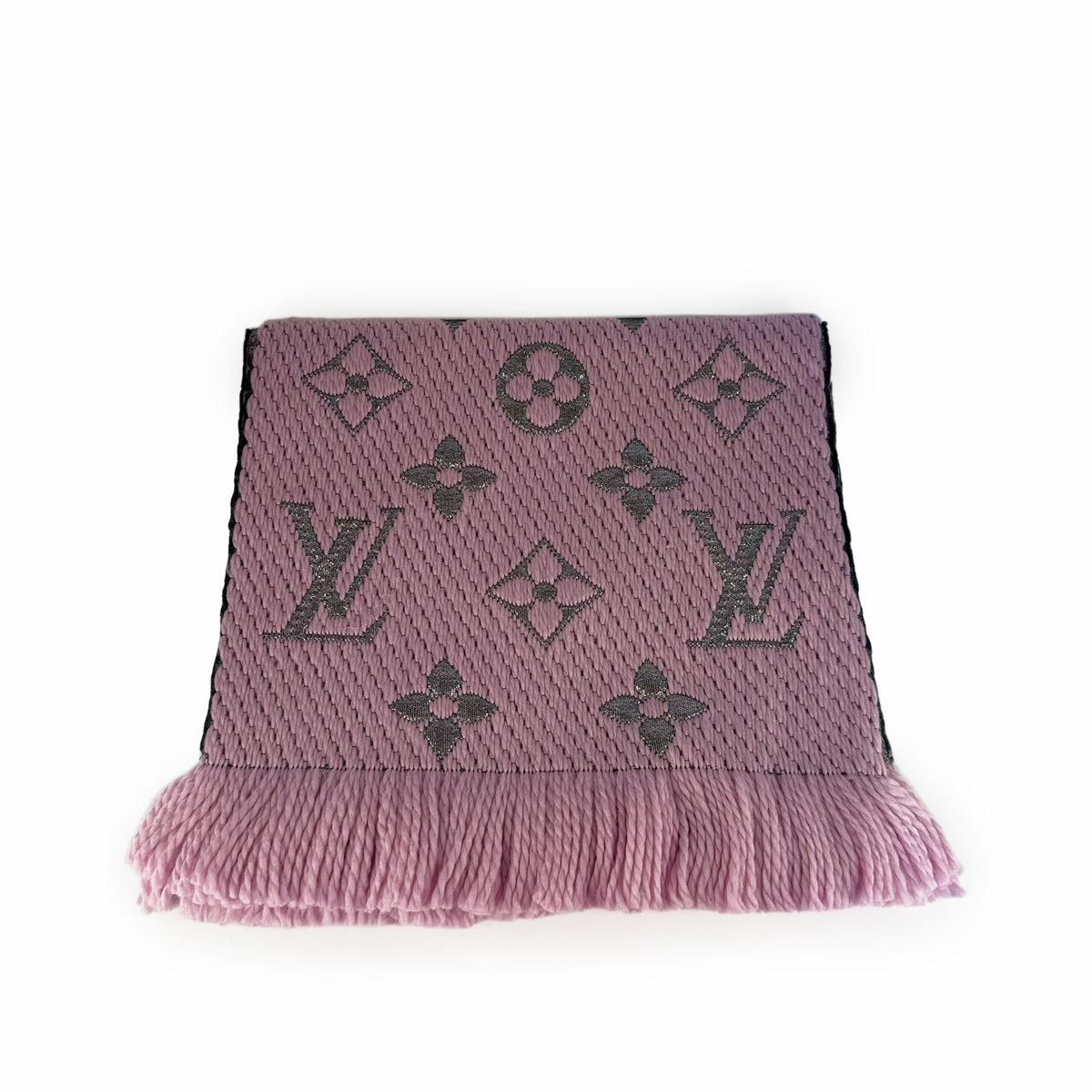 Pink Louis Vuitton monogram knit scarf with fringe, curated Pre-loved Luxury by Myluxe in Helsinki.