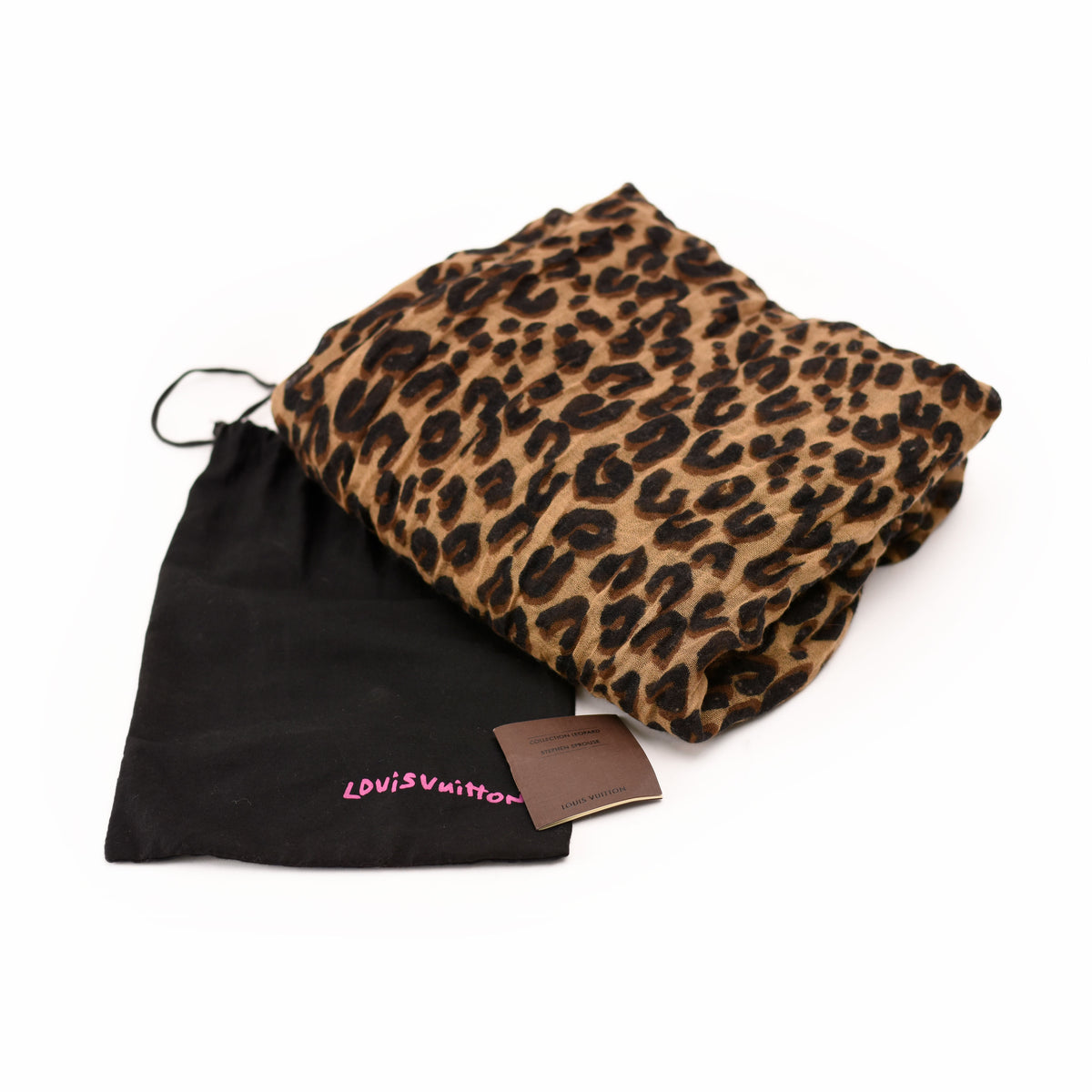 Louis Vuitton brown leopard print silk scarf with black dust bag, curated Pre-loved Luxury by Myluxe in Helsinki.