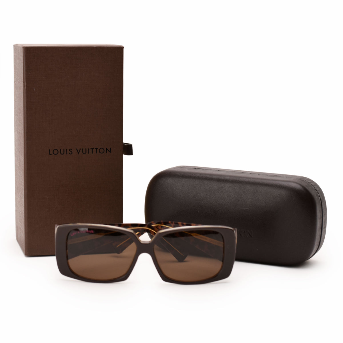 Louis Vuitton brown oversized square sunglasses with hard case and box, curated Pre-loved Luxury by Myluxe in Helsinki.