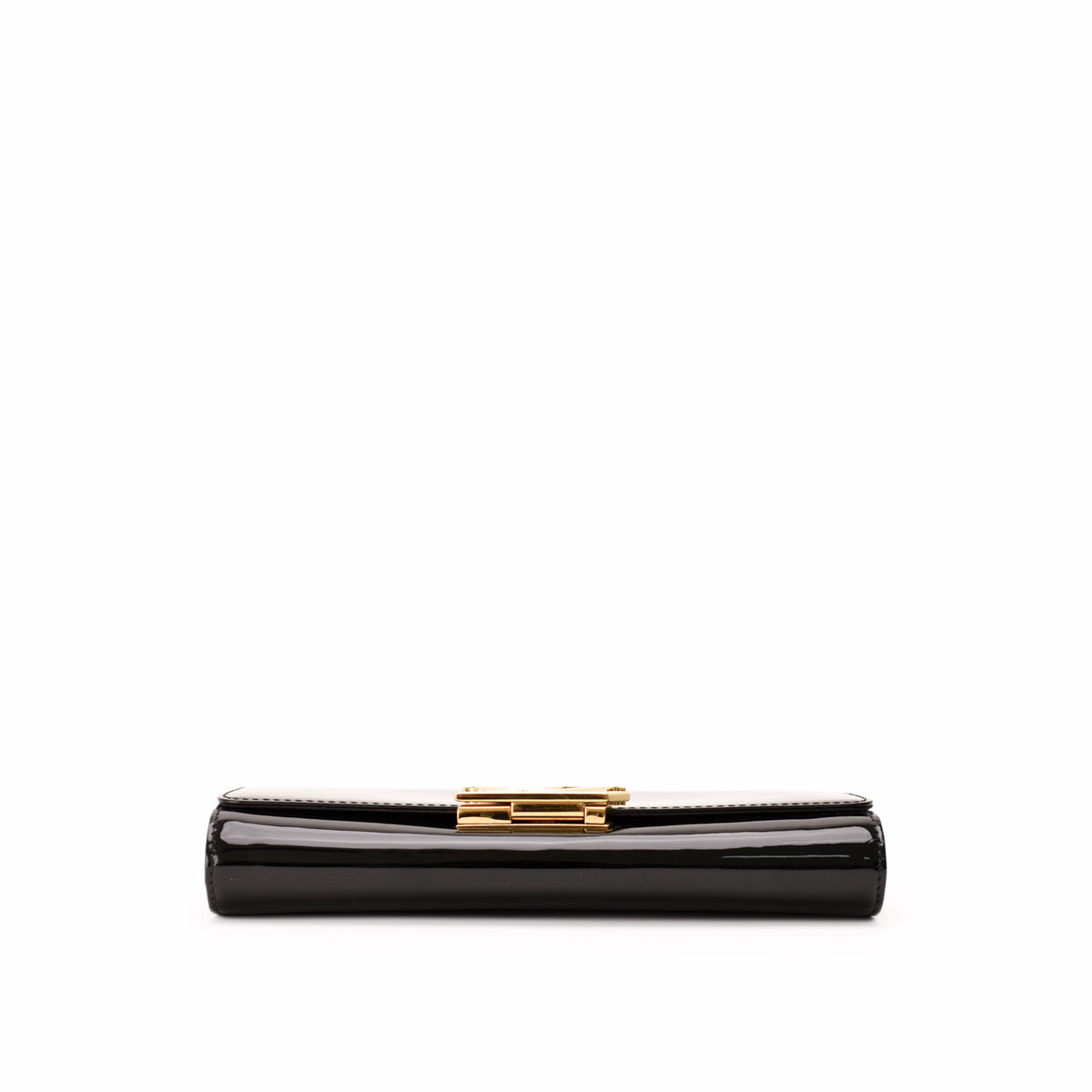 Black patent leather clutch with gold-tone metal clasp, curated Pre-loved Luxury by Myluxe in Helsinki.