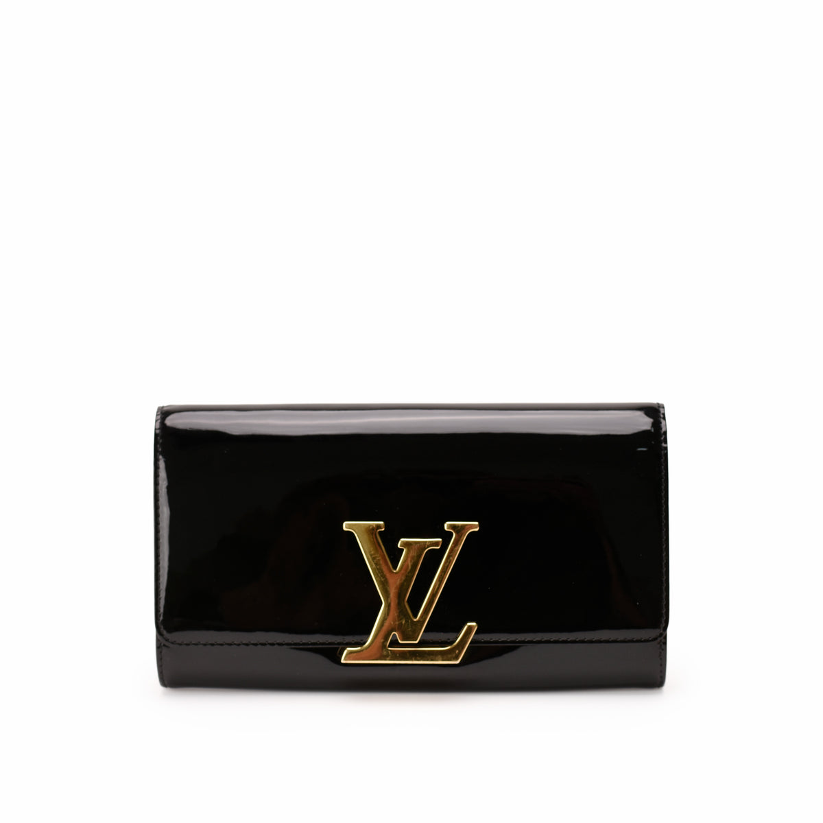 Black patent leather Louis Vuitton clutch with gold-tone LV logo, curated Pre-loved Luxury by Myluxe in Helsinki.