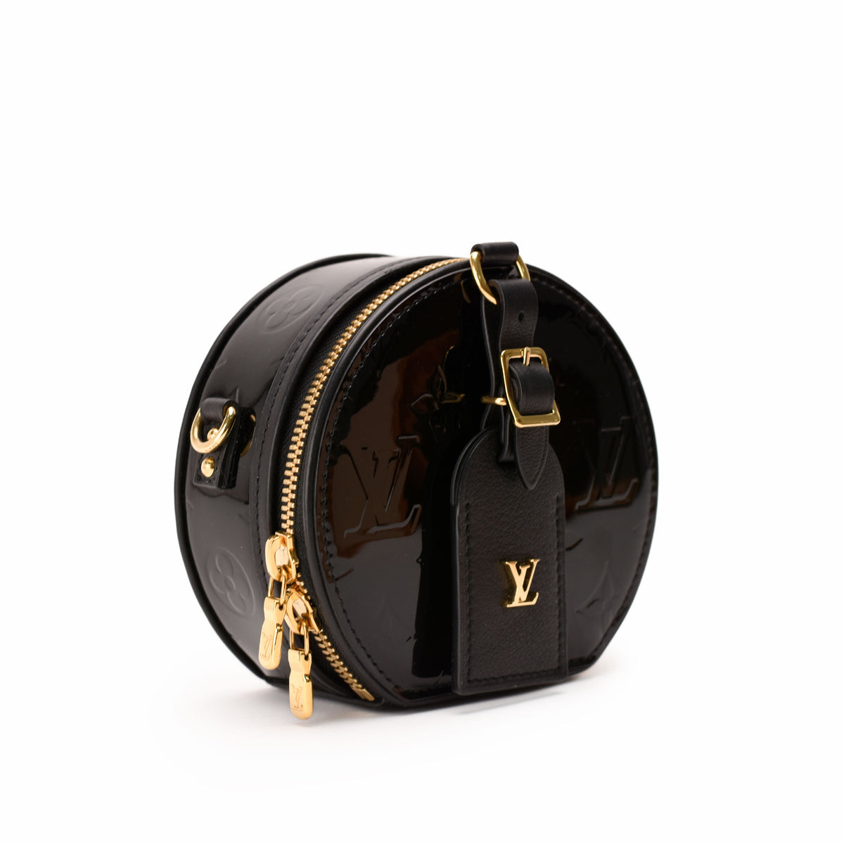 Black patent leather Louis Vuitton monogram round mini bag with gold hardware, curated Pre-loved Luxury by Myluxe in Helsinki.