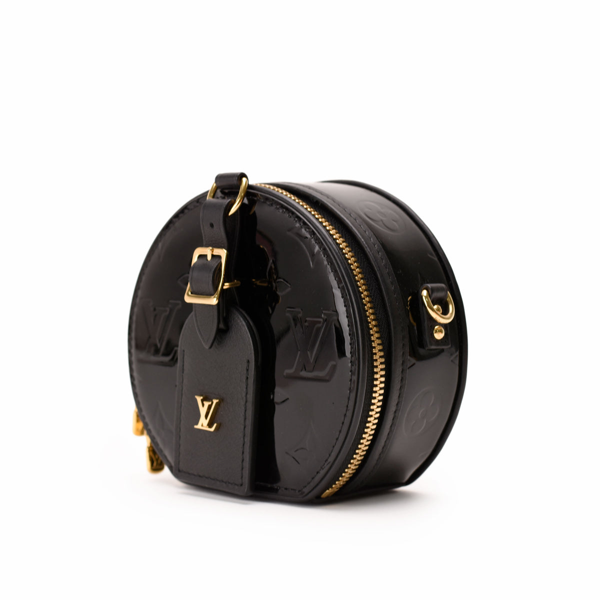 Black patent leather Louis Vuitton monogram round crossbody bag with gold hardware, curated Pre-loved Luxury by Myluxe in Helsinki.