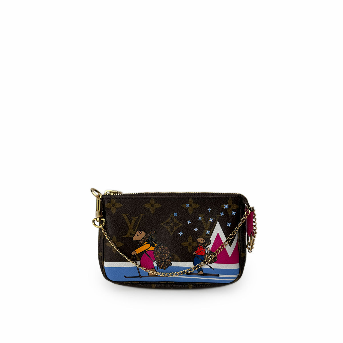 Brown monogram canvas pouch with colorful skiing character illustration, curated Pre-loved Luxury by Myluxe in Helsinki.