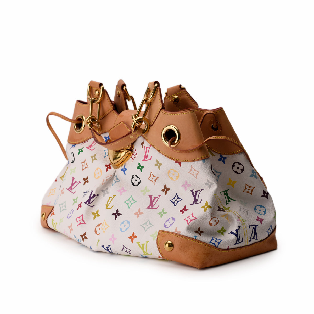 Louis Vuitton multicolor monogram canvas bucket bag with tan leather trim, curated Pre-loved Luxury by Myluxe in Helsinki.