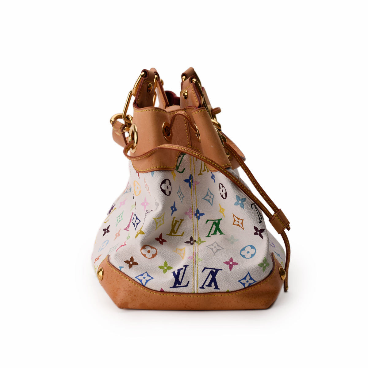 White Louis Vuitton multicolor monogram canvas bucket bag with tan leather trim, curated Pre-loved Luxury by Myluxe in Helsinki.