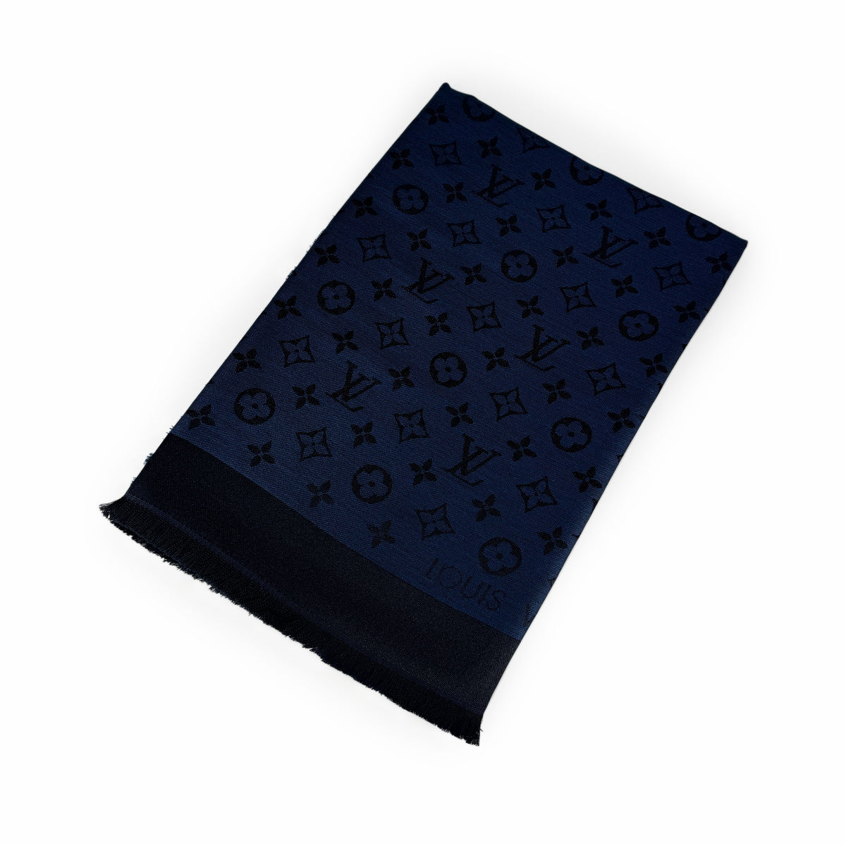 Navy blue Louis Vuitton monogram pattern scarf, curated Pre-loved Luxury by Myluxe in Helsinki.