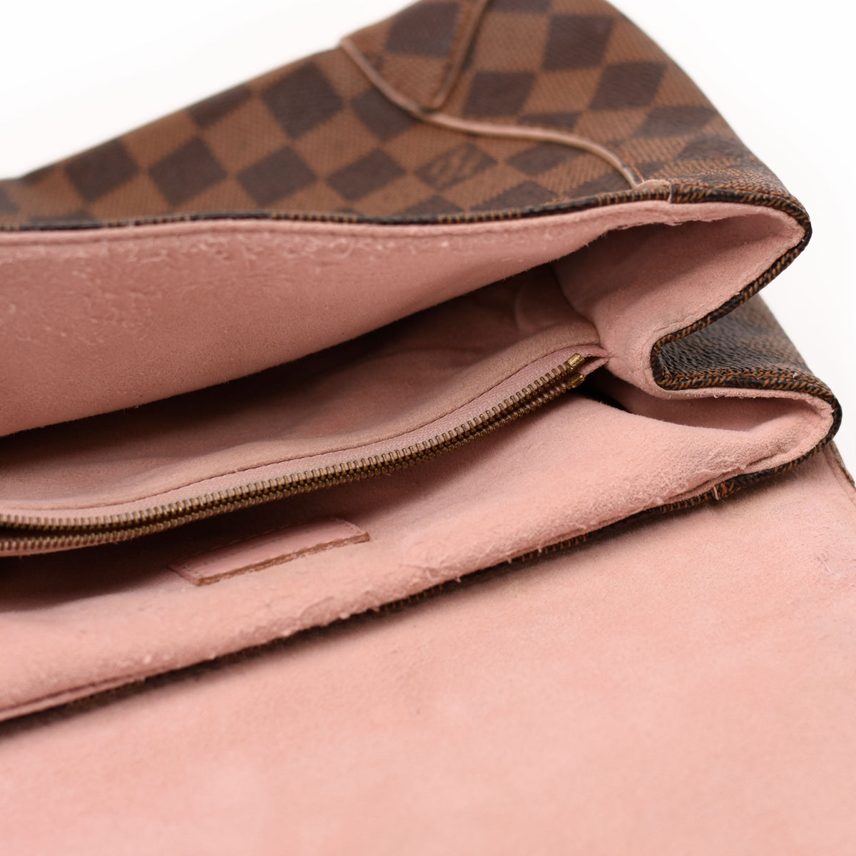 Louis Vuitton Damier Ebene canvas handbag with pink leather interior. curated Pre-loved Luxury by Myluxe in Helsinki.
