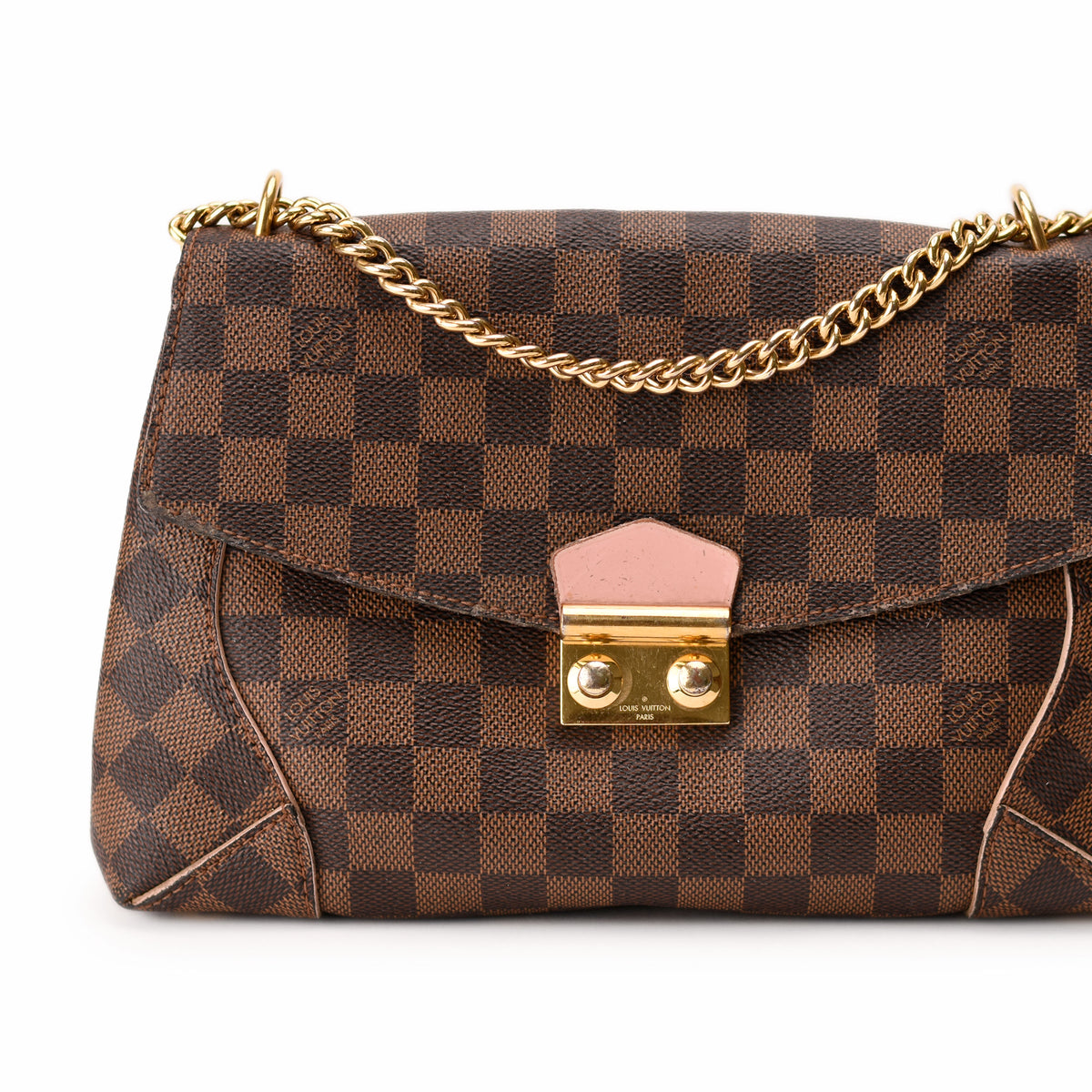 Louis Vuitton Damier Ebene checkered canvas handbag with gold chain strap. curated Pre-loved Luxury by Myluxe in Helsinki.
