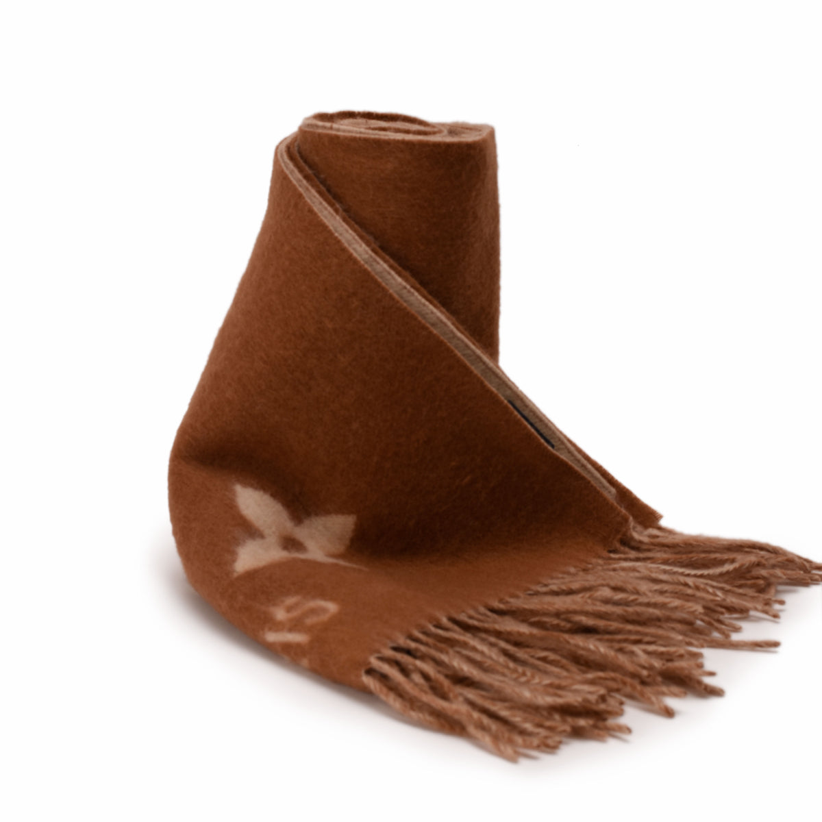 Brown monogrammed wool scarf with fringe, curated Pre-loved Luxury by Myluxe in Helsinki.